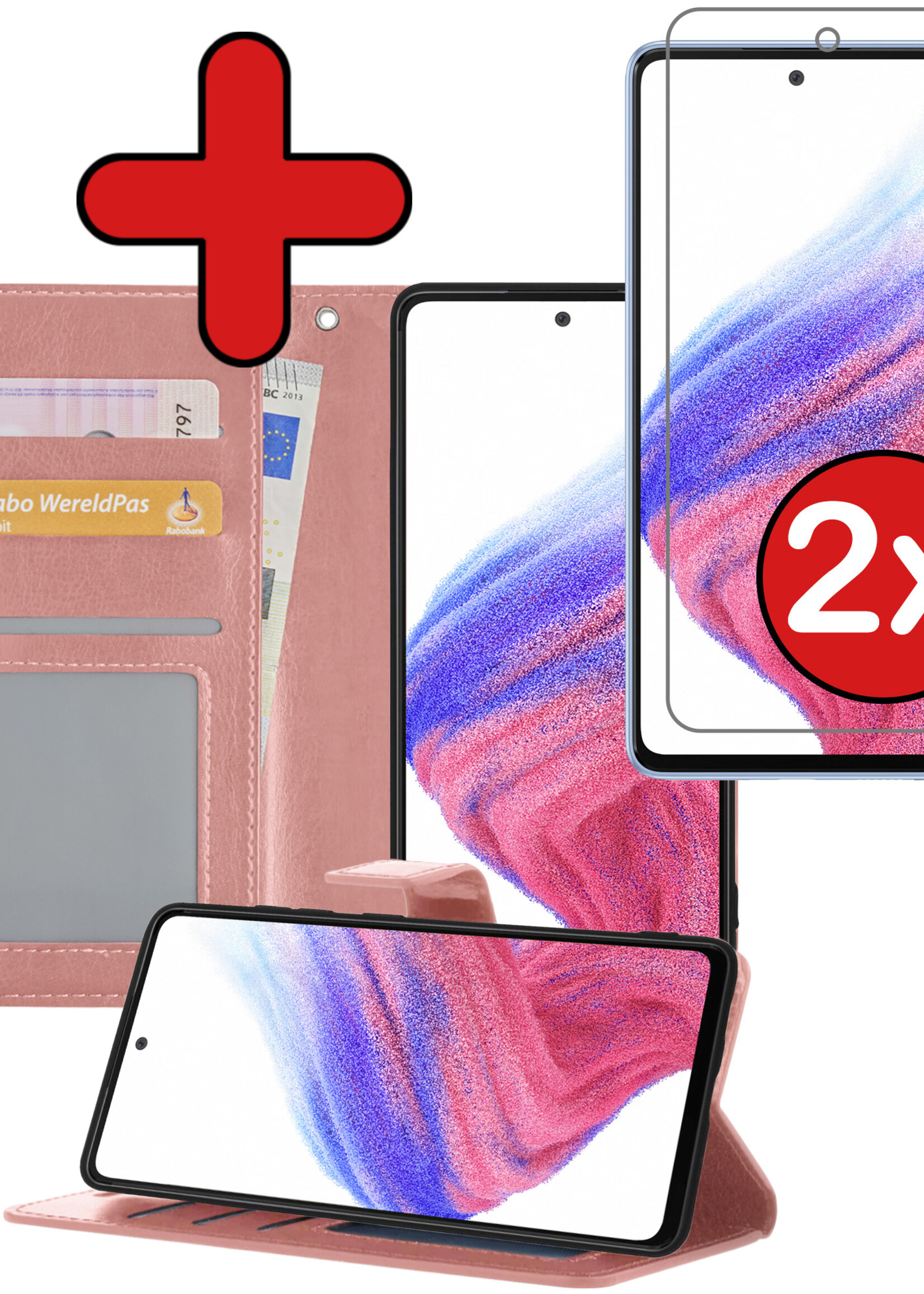 BTH Hoesje Geschikt voor Samsung A53 Hoesje Book Case Hoes Portemonnee Cover Walletcase Met 2x Screenprotector - Hoes Geschikt voor Samsung Galaxy A53 Hoes Bookcase Hoesje - Rosé goud