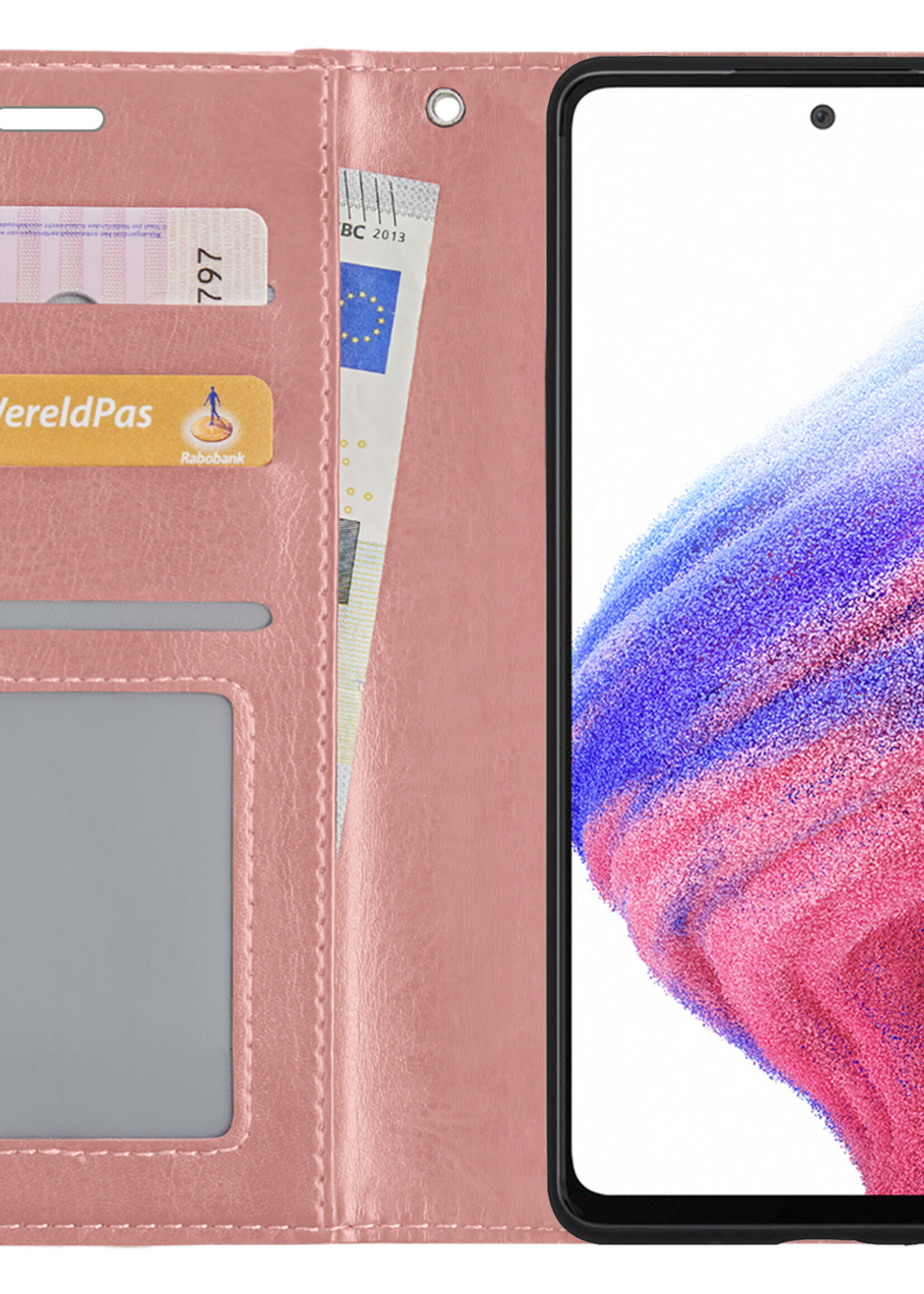 BTH Hoesje Geschikt voor Samsung A53 Hoesje Book Case Hoes Portemonnee Cover Walletcase Met 2x Screenprotector - Hoes Geschikt voor Samsung Galaxy A53 Hoes Bookcase Hoesje - Rosé goud