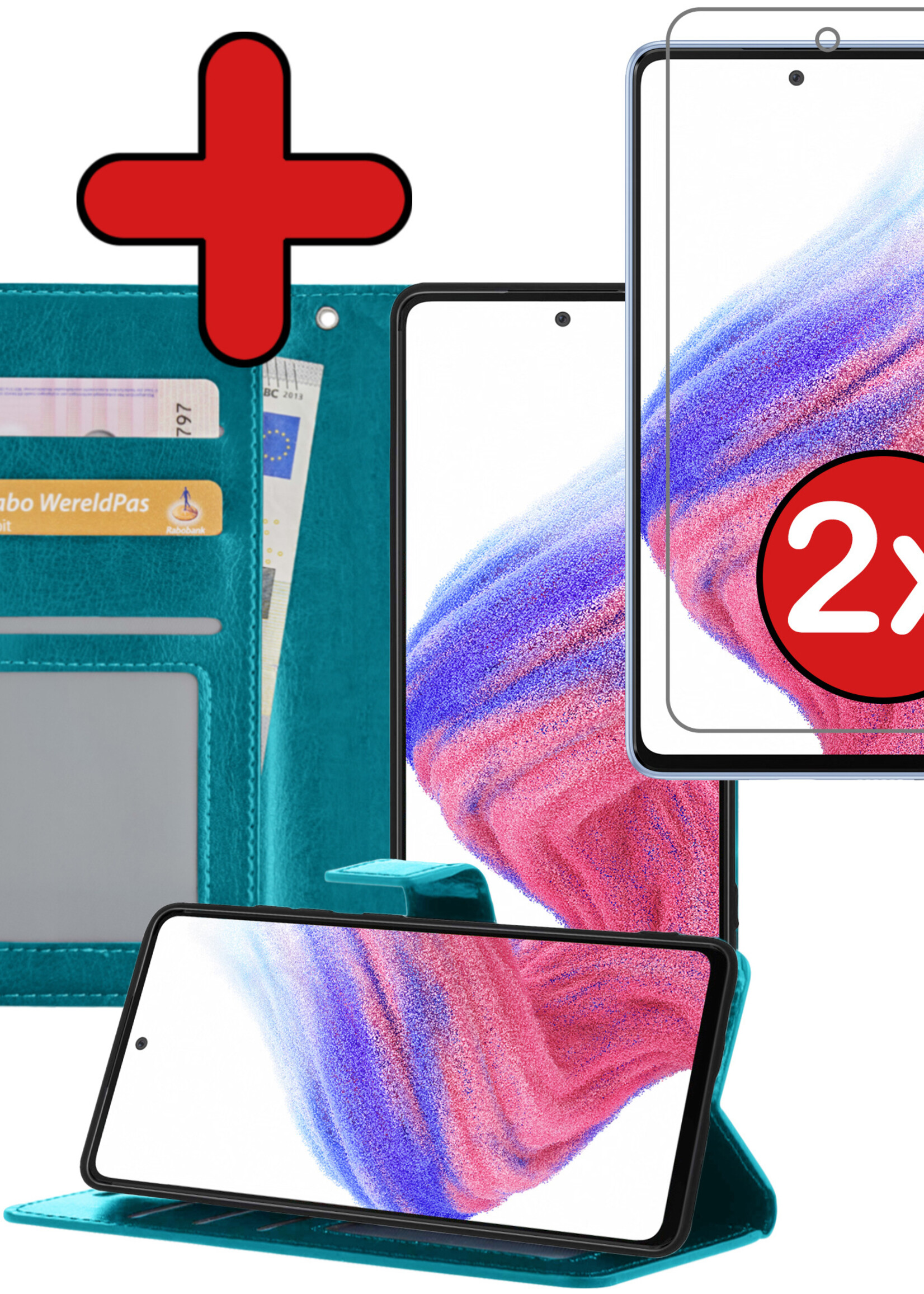 BTH Hoesje Geschikt voor Samsung A53 Hoesje Book Case Hoes Portemonnee Cover Walletcase Met 2x Screenprotector - Hoes Geschikt voor Samsung Galaxy A53 Hoes Bookcase Hoesje - Turquoise