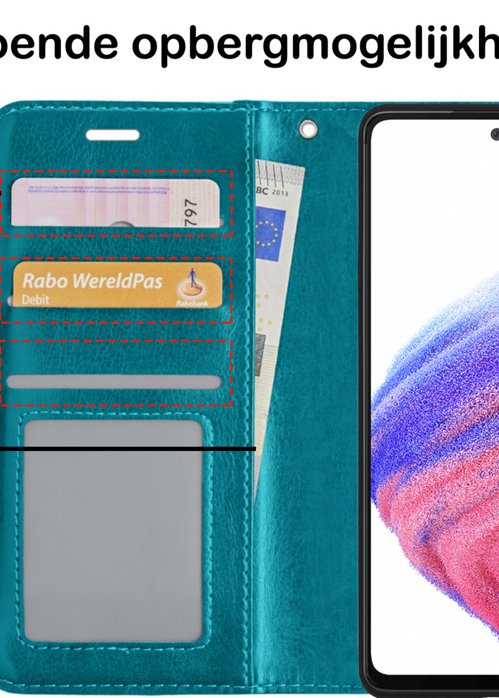 BTH Hoesje Geschikt voor Samsung A53 Hoesje Book Case Hoes Portemonnee Cover Walletcase Met 2x Screenprotector - Hoes Geschikt voor Samsung Galaxy A53 Hoes Bookcase Hoesje - Turquoise