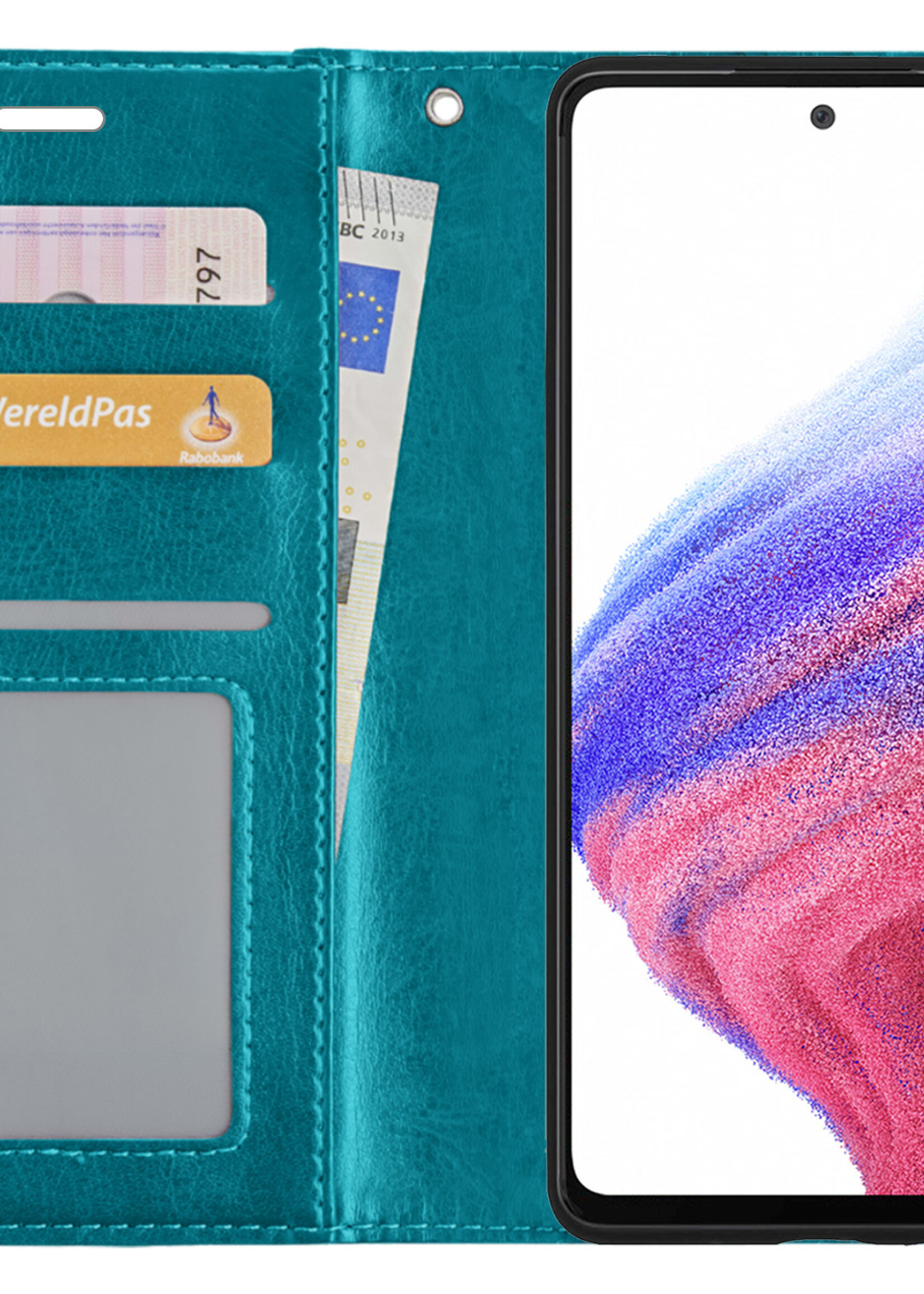 BTH Hoesje Geschikt voor Samsung A53 Hoesje Book Case Hoes Portemonnee Cover Walletcase Met 2x Screenprotector - Hoes Geschikt voor Samsung Galaxy A53 Hoes Bookcase Hoesje - Turquoise