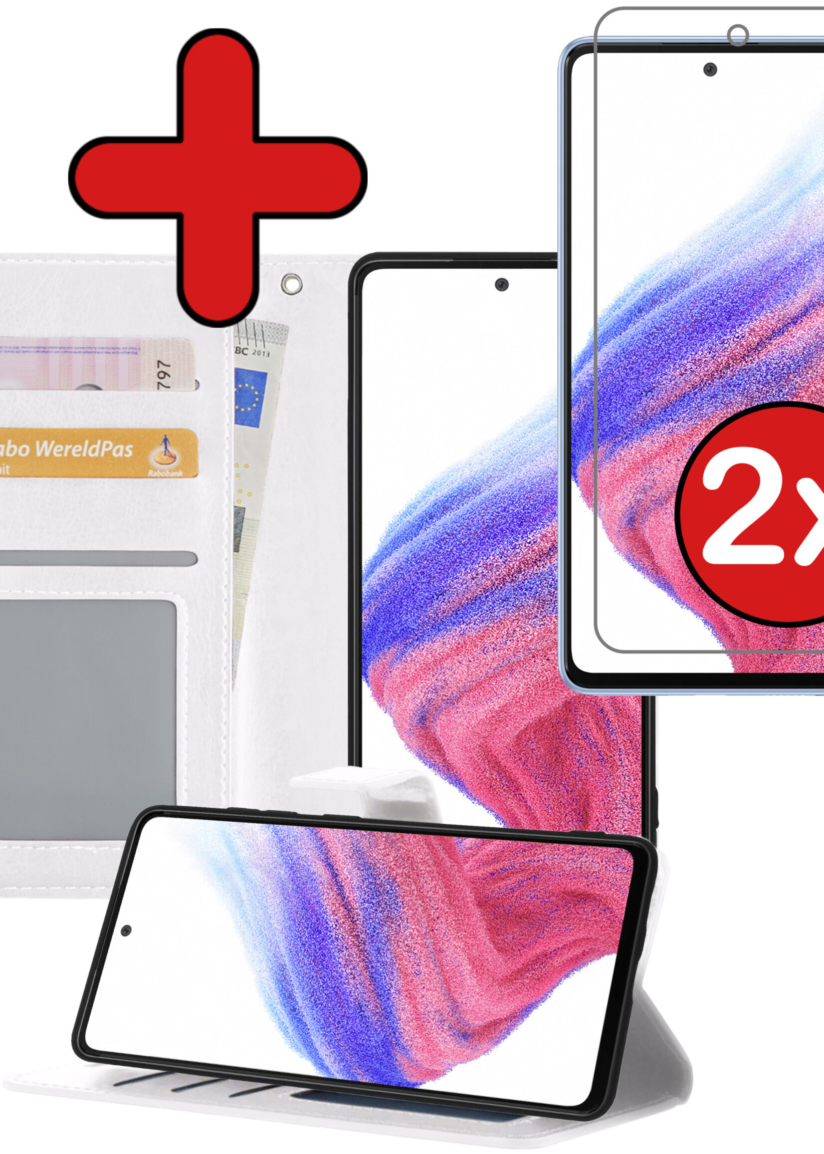 BTH Hoesje Geschikt voor Samsung A53 Hoesje Book Case Hoes Portemonnee Cover Walletcase Met 2x Screenprotector - Hoes Geschikt voor Samsung Galaxy A53 Hoes Bookcase Hoesje - Wit