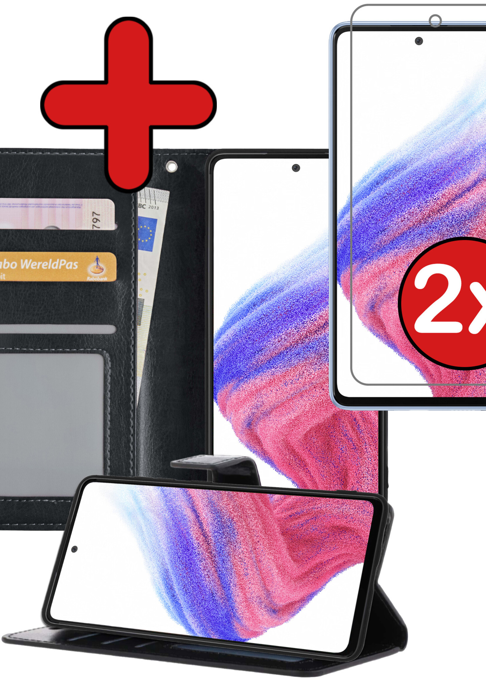 BTH Hoesje Geschikt voor Samsung A53 Hoesje Book Case Hoes Portemonnee Cover Walletcase Met 2x Screenprotector - Hoes Geschikt voor Samsung Galaxy A53 Hoes Bookcase Hoesje - Zwart