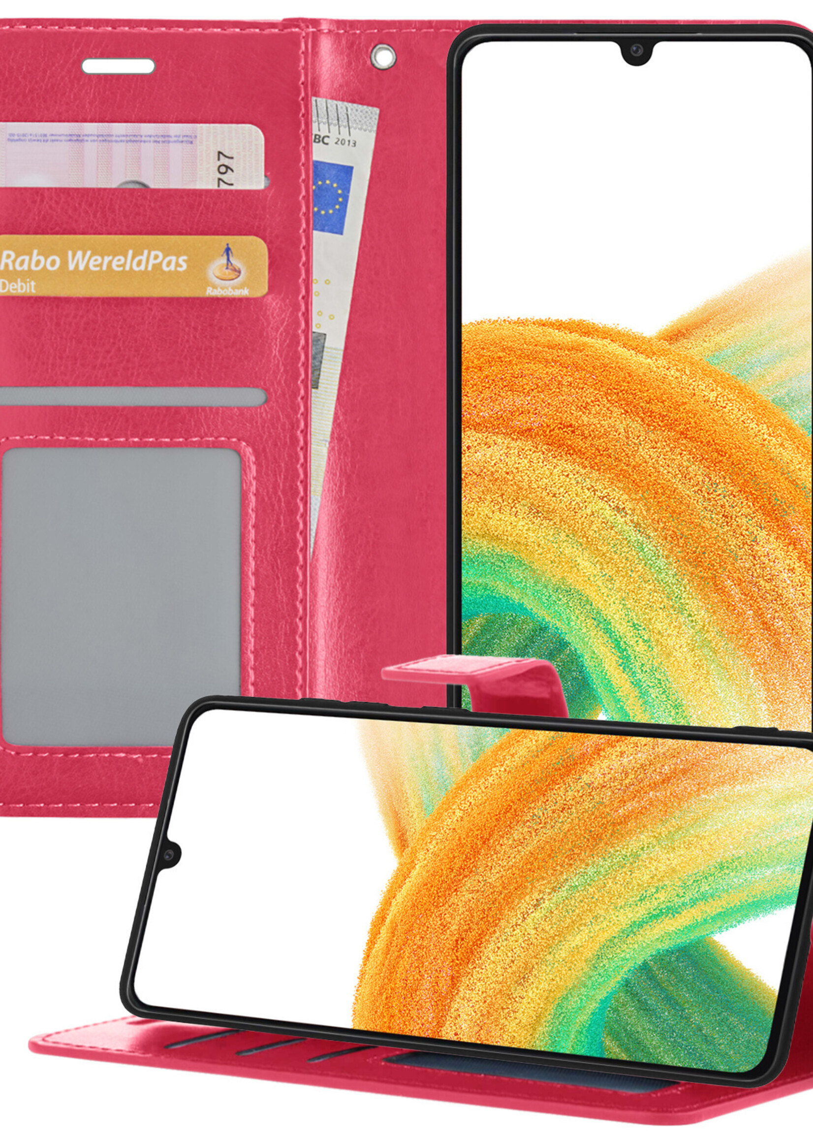 BTH Samsung A33 Hoesje Book Case Hoes - Samsung Galaxy A33 Case Hoesje Portemonnee Cover - Samsung A33 Hoes Wallet Case Hoesje - Donker Roze