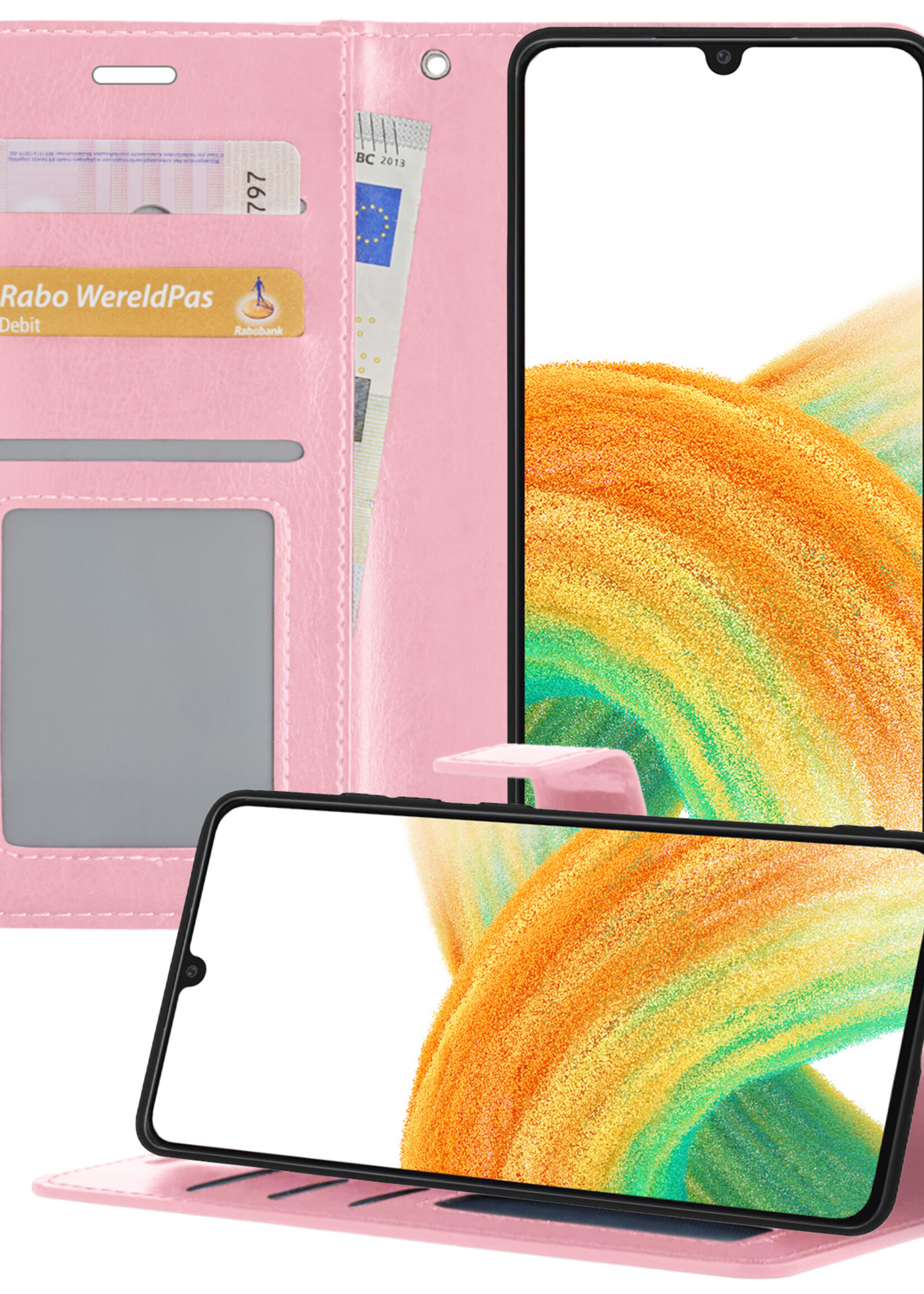 BTH Samsung A33 Hoesje Book Case Hoes - Samsung Galaxy A33 Case Hoesje Portemonnee Cover - Samsung A33 Hoes Wallet Case Hoesje - Licht Roze