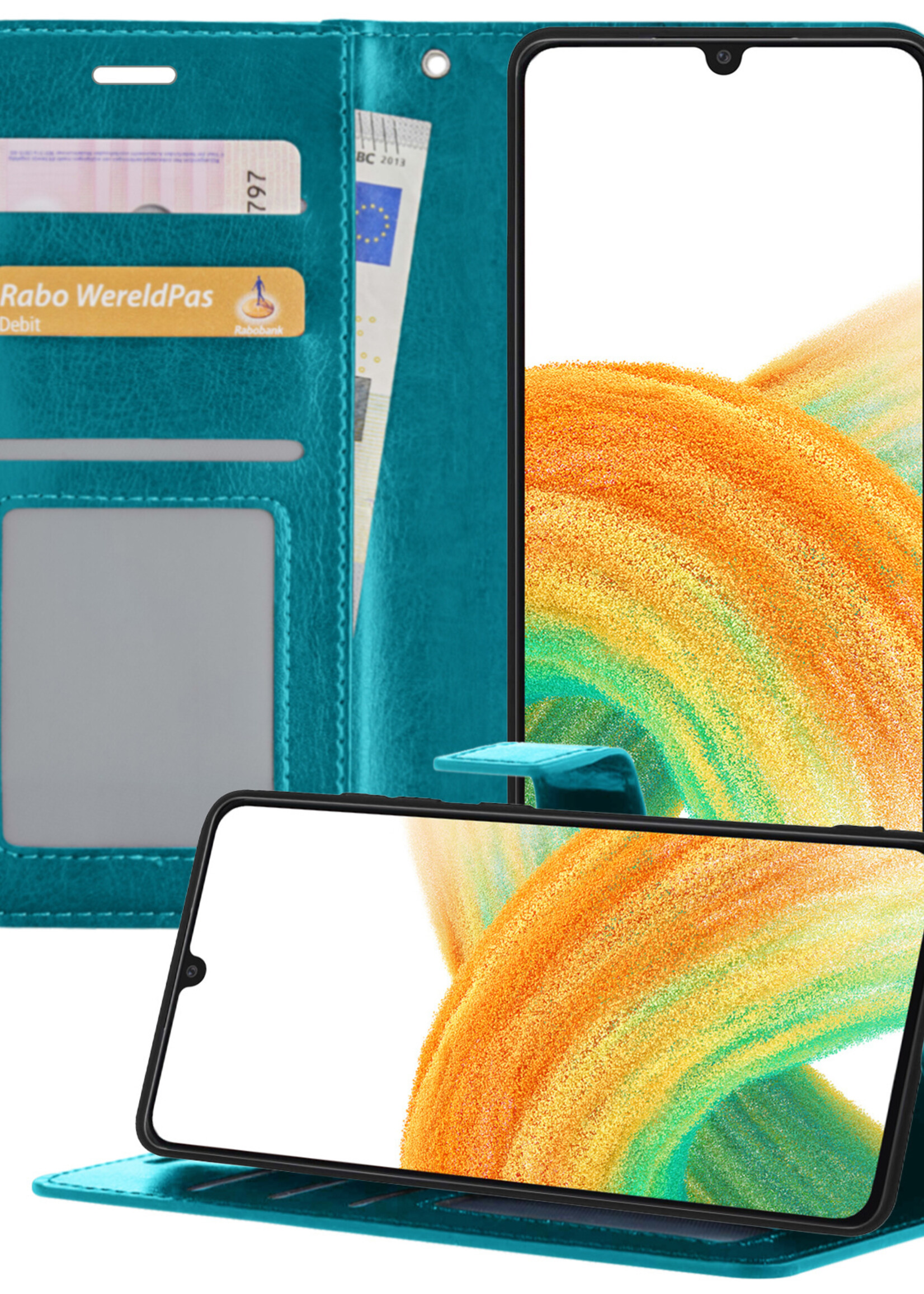 BTH Samsung A33 Hoesje Book Case Hoes - Samsung Galaxy A33 Case Hoesje Portemonnee Cover - Samsung A33 Hoes Wallet Case Hoesje - Turquoise