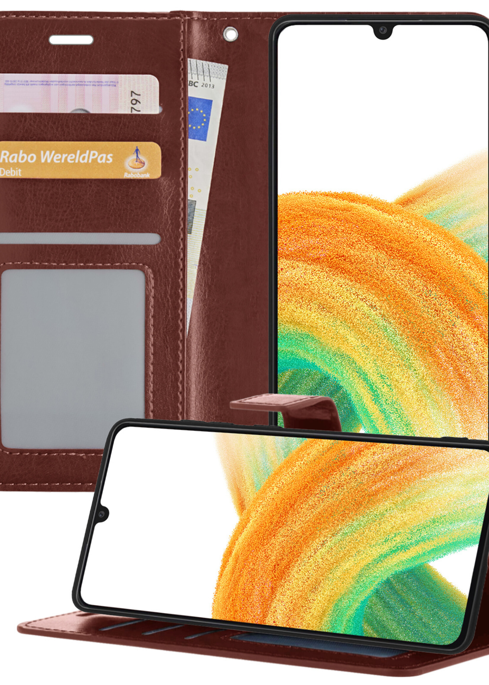 BTH Samsung A33 Hoesje Book Case Hoes - Samsung Galaxy A33 Case Hoesje Portemonnee Cover - Samsung A33 Hoes Wallet Case Hoesje - Bruin