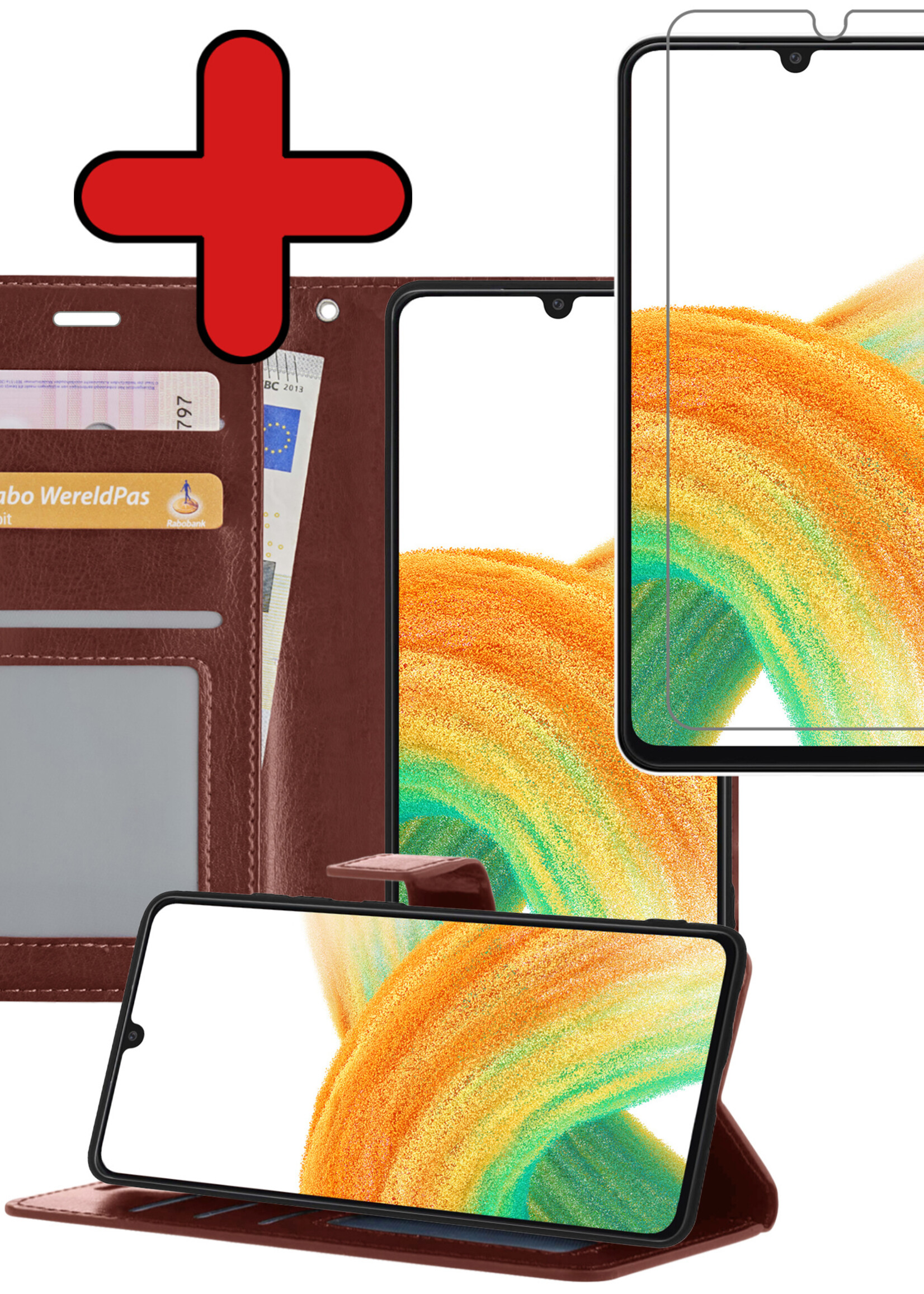 BTH Hoesje Geschikt voor Samsung A33 Hoesje Book Case Hoes Portemonnee Cover Walletcase Met Screenprotector - Hoes Geschikt voor Samsung Galaxy A33 Hoes Bookcase Hoesje - Bruin
