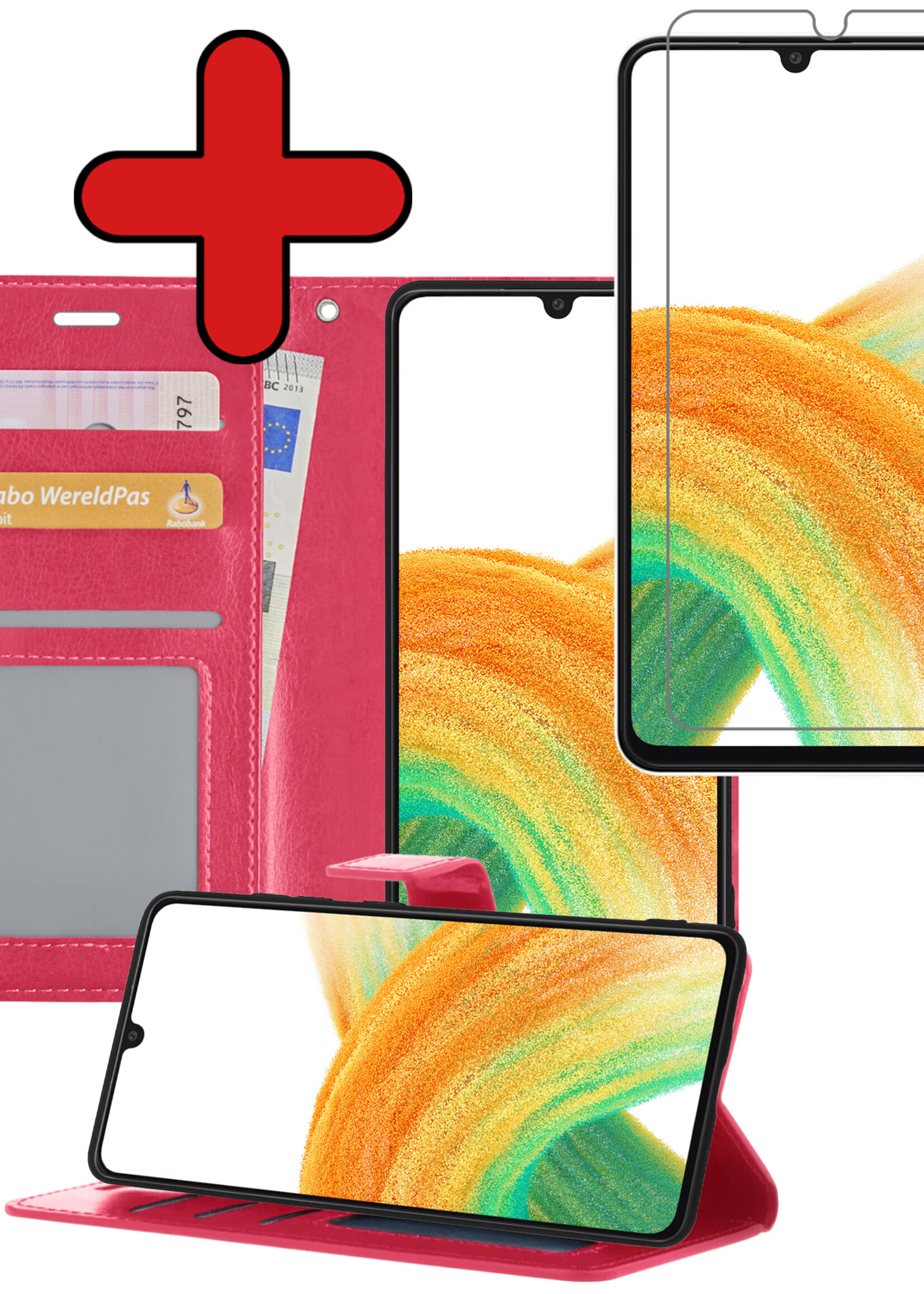 BTH Hoesje Geschikt voor Samsung A33 Hoesje Book Case Hoes Portemonnee Cover Walletcase Met Screenprotector - Hoes Geschikt voor Samsung Galaxy A33 Hoes Bookcase Hoesje - Donkerroze