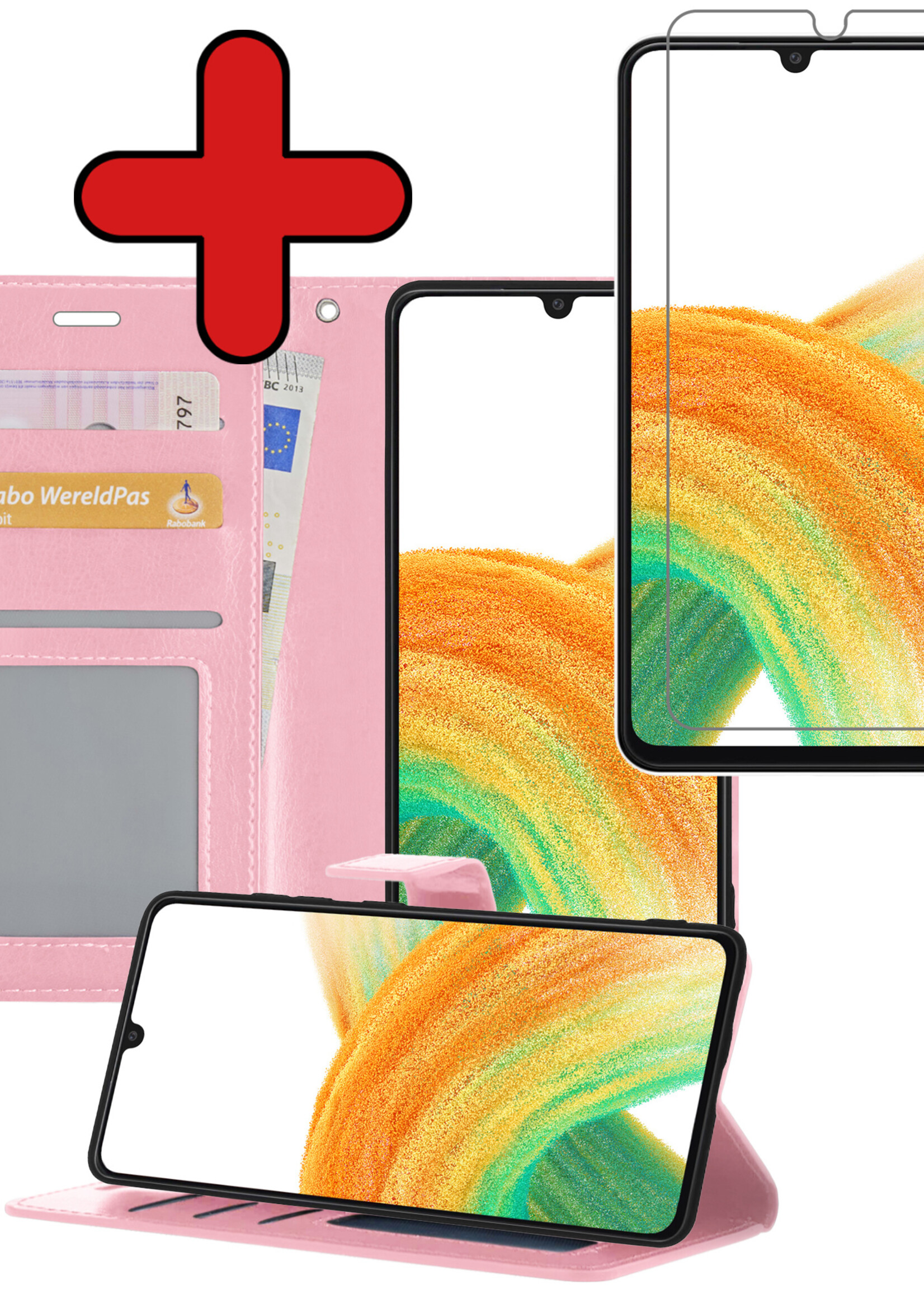 BTH Hoesje Geschikt voor Samsung A33 Hoesje Book Case Hoes Portemonnee Cover Walletcase Met Screenprotector - Hoes Geschikt voor Samsung Galaxy A33 Hoes Bookcase Hoesje - Lichtroze