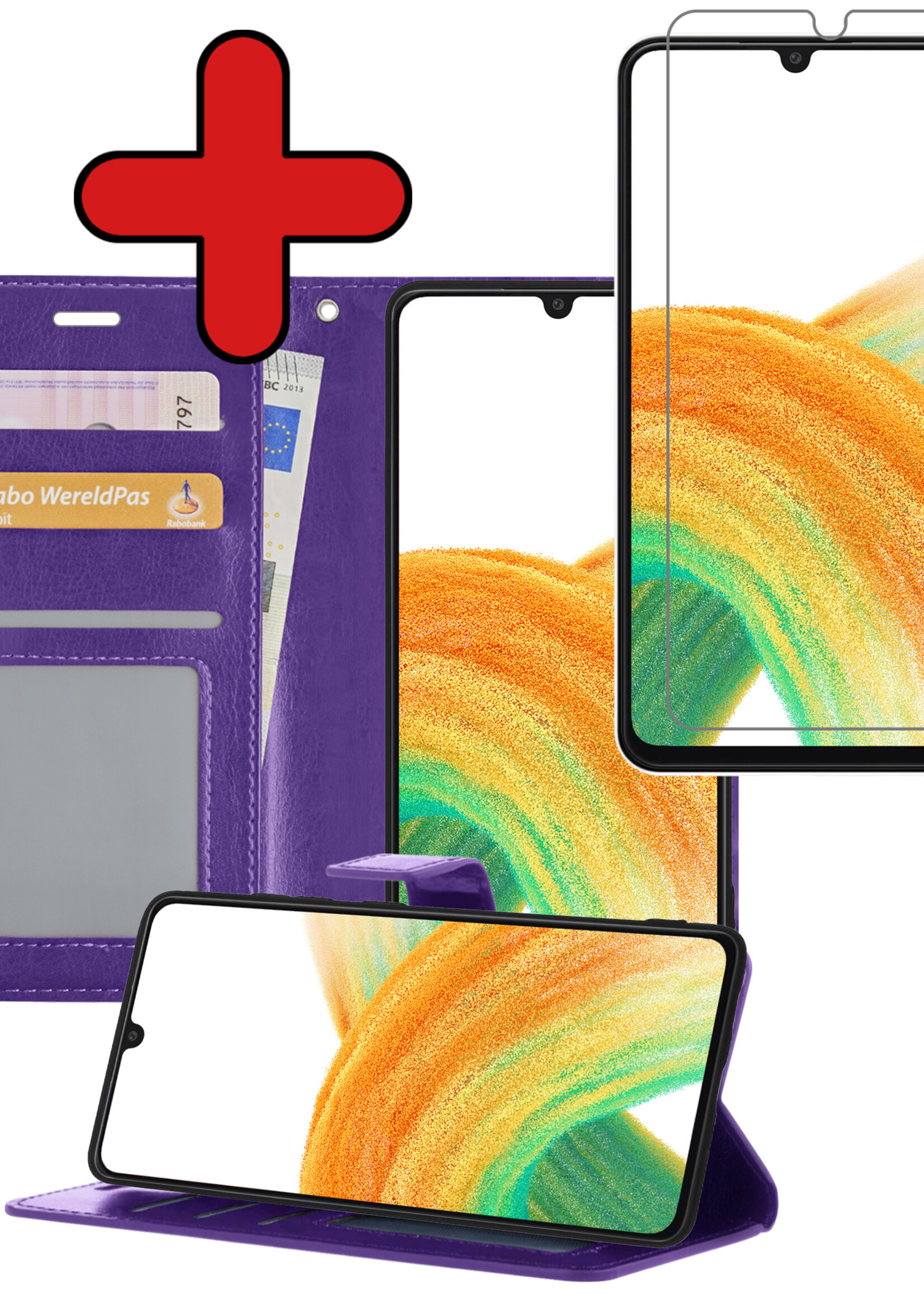BTH Hoesje Geschikt voor Samsung A33 Hoesje Book Case Hoes Portemonnee Cover Walletcase Met Screenprotector - Hoes Geschikt voor Samsung Galaxy A33 Hoes Bookcase Hoesje - Paars