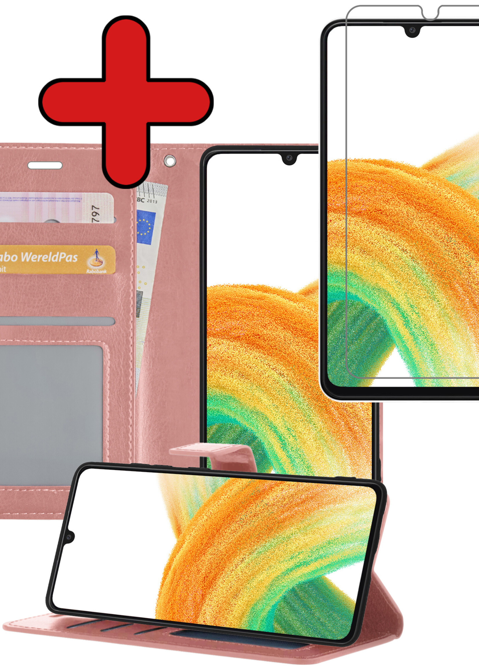 BTH Hoesje Geschikt voor Samsung A33 Hoesje Book Case Hoes Portemonnee Cover Walletcase Met Screenprotector - Hoes Geschikt voor Samsung Galaxy A33 Hoes Bookcase Hoesje - Rosé goud