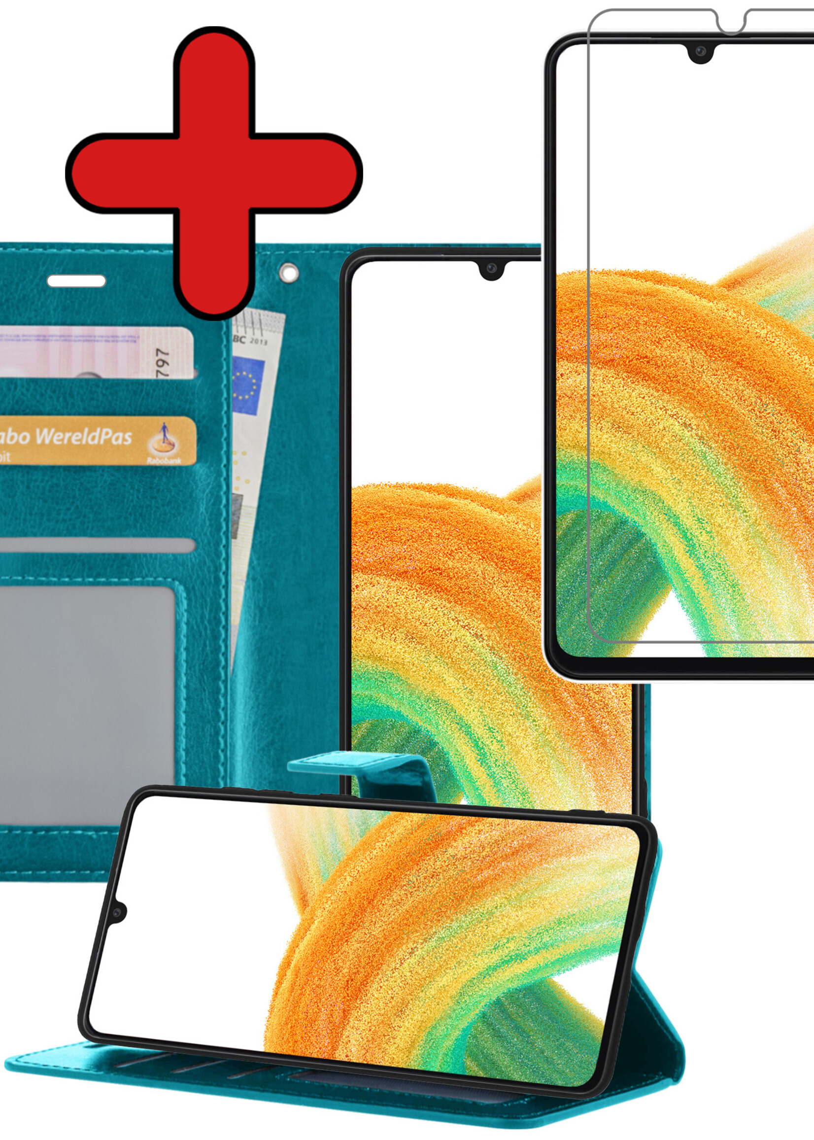 BTH Hoesje Geschikt voor Samsung A33 Hoesje Book Case Hoes Portemonnee Cover Walletcase Met Screenprotector - Hoes Geschikt voor Samsung Galaxy A33 Hoes Bookcase Hoesje - Turquoise