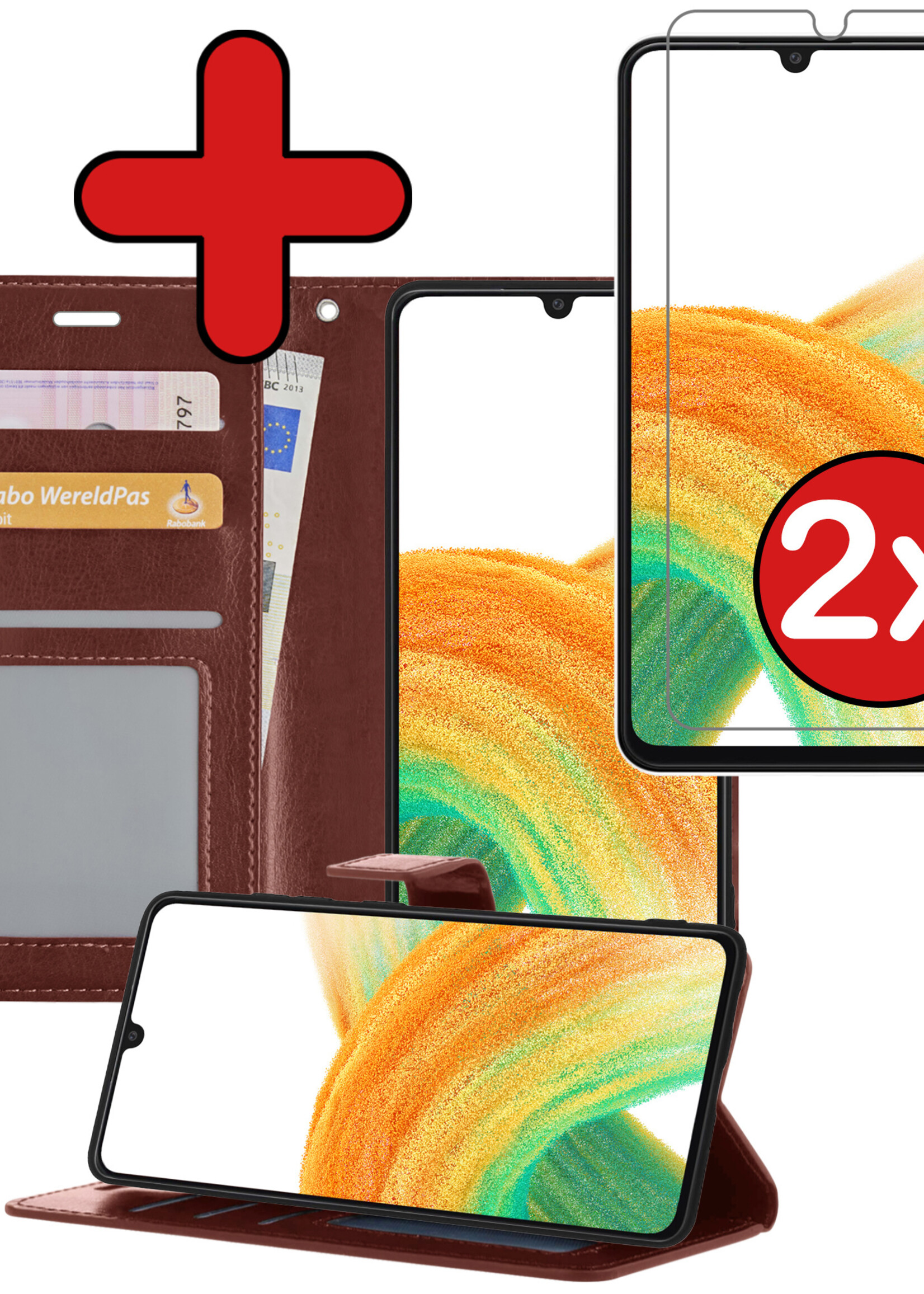 BTH Hoesje Geschikt voor Samsung A33 Hoesje Book Case Hoes Portemonnee Cover Walletcase Met 2x Screenprotector - Hoes Geschikt voor Samsung Galaxy A33 Hoes Bookcase Hoesje - Bruin