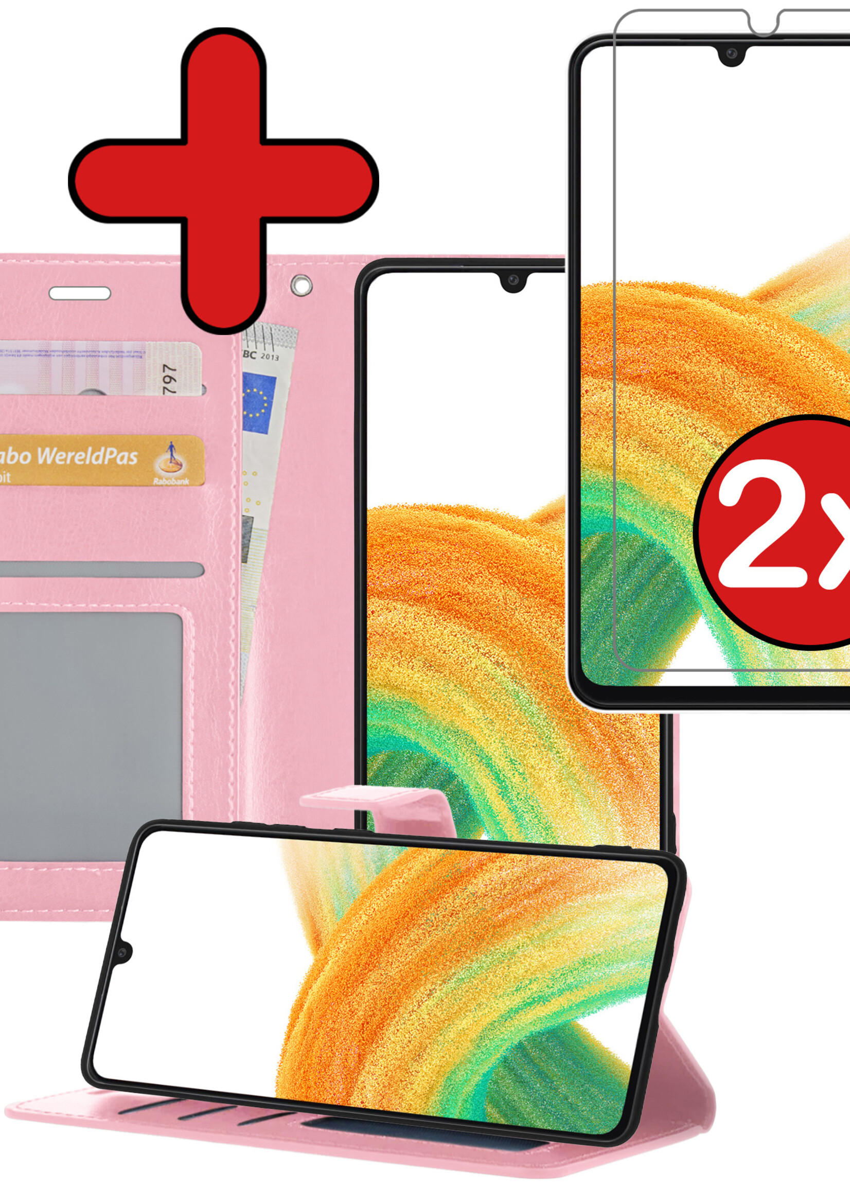 BTH Hoesje Geschikt voor Samsung A33 Hoesje Book Case Hoes Portemonnee Cover Walletcase Met 2x Screenprotector - Hoes Geschikt voor Samsung Galaxy A33 Hoes Bookcase Hoesje - Lichtroze