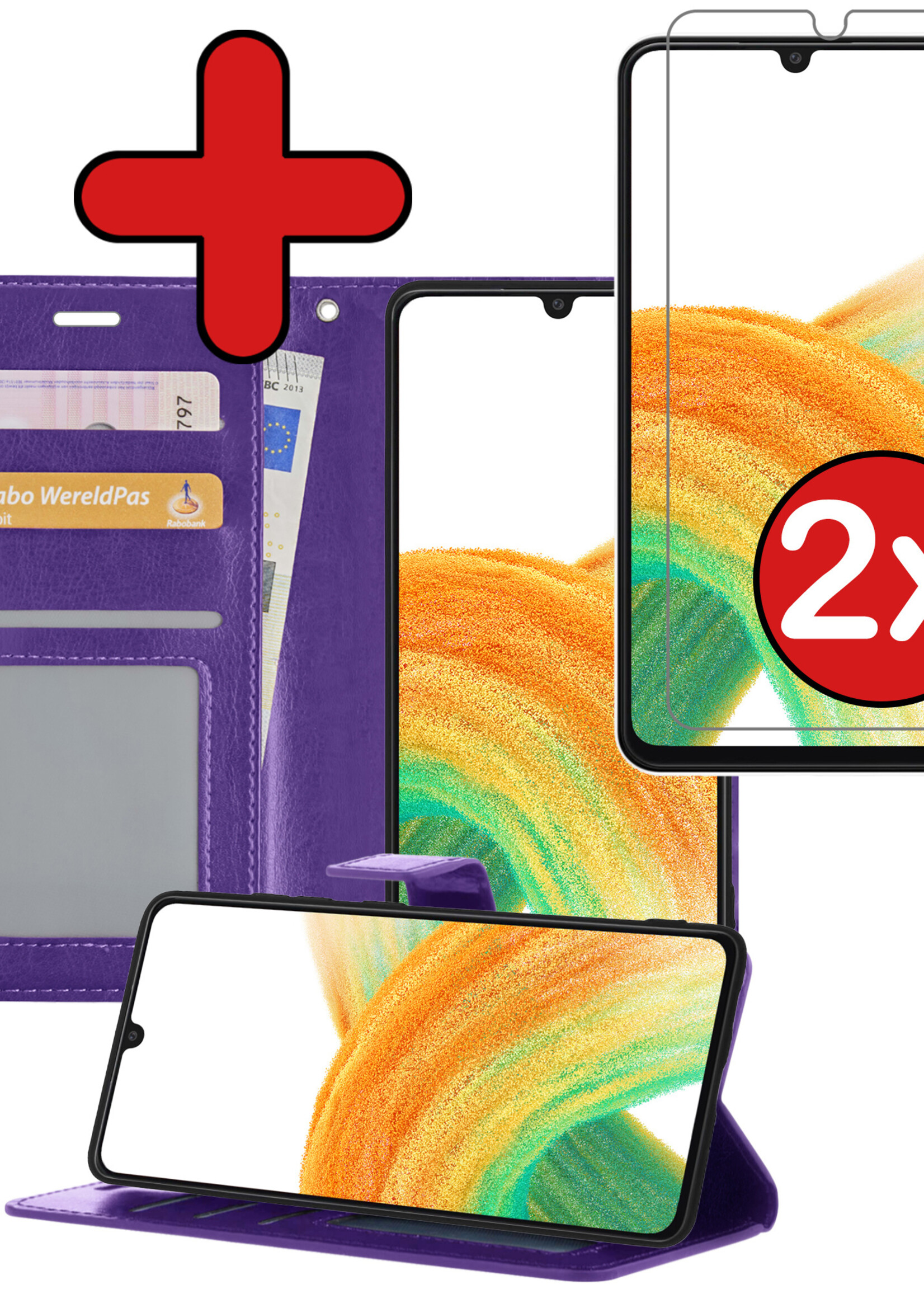 BTH Hoesje Geschikt voor Samsung A33 Hoesje Book Case Hoes Portemonnee Cover Walletcase Met 2x Screenprotector - Hoes Geschikt voor Samsung Galaxy A33 Hoes Bookcase Hoesje - Paars
