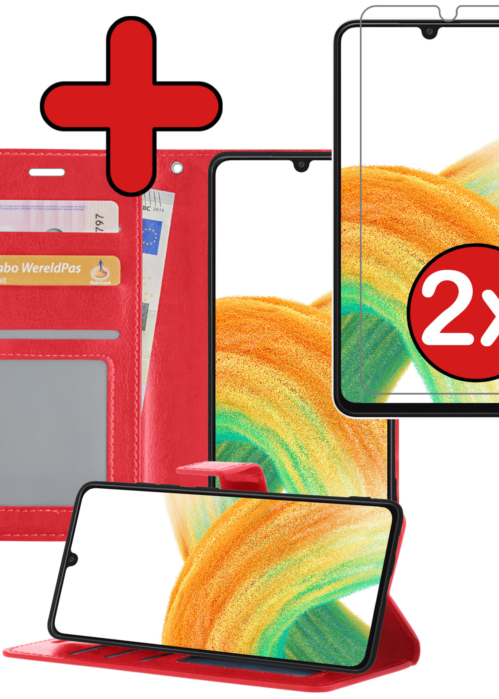 BTH Hoesje Geschikt voor Samsung A33 Hoesje Book Case Hoes Portemonnee Cover Walletcase Met 2x Screenprotector - Hoes Geschikt voor Samsung Galaxy A33 Hoes Bookcase Hoesje - Rood