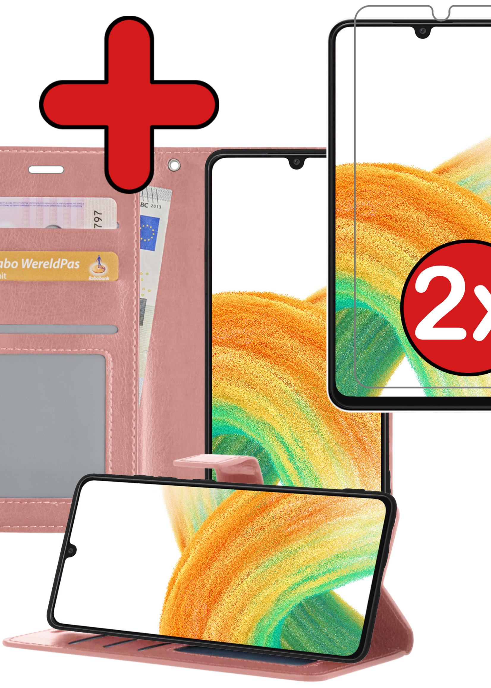 BTH Hoesje Geschikt voor Samsung A33 Hoesje Book Case Hoes Portemonnee Cover Walletcase Met 2x Screenprotector - Hoes Geschikt voor Samsung Galaxy A33 Hoes Bookcase Hoesje - Rosé goud