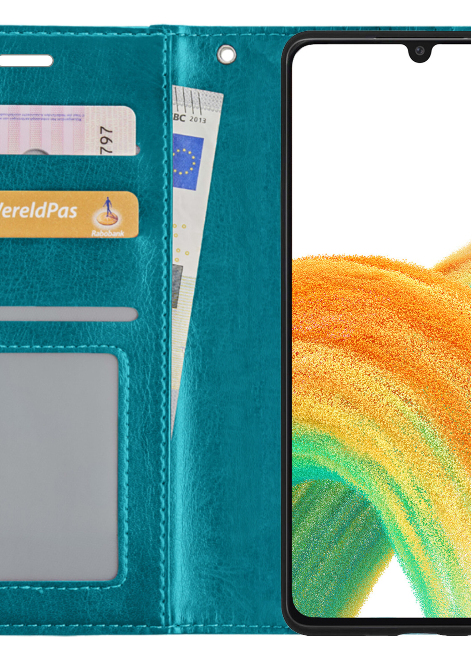BTH Hoesje Geschikt voor Samsung A33 Hoesje Book Case Hoes Portemonnee Cover Walletcase Met 2x Screenprotector - Hoes Geschikt voor Samsung Galaxy A33 Hoes Bookcase Hoesje - Turquoise
