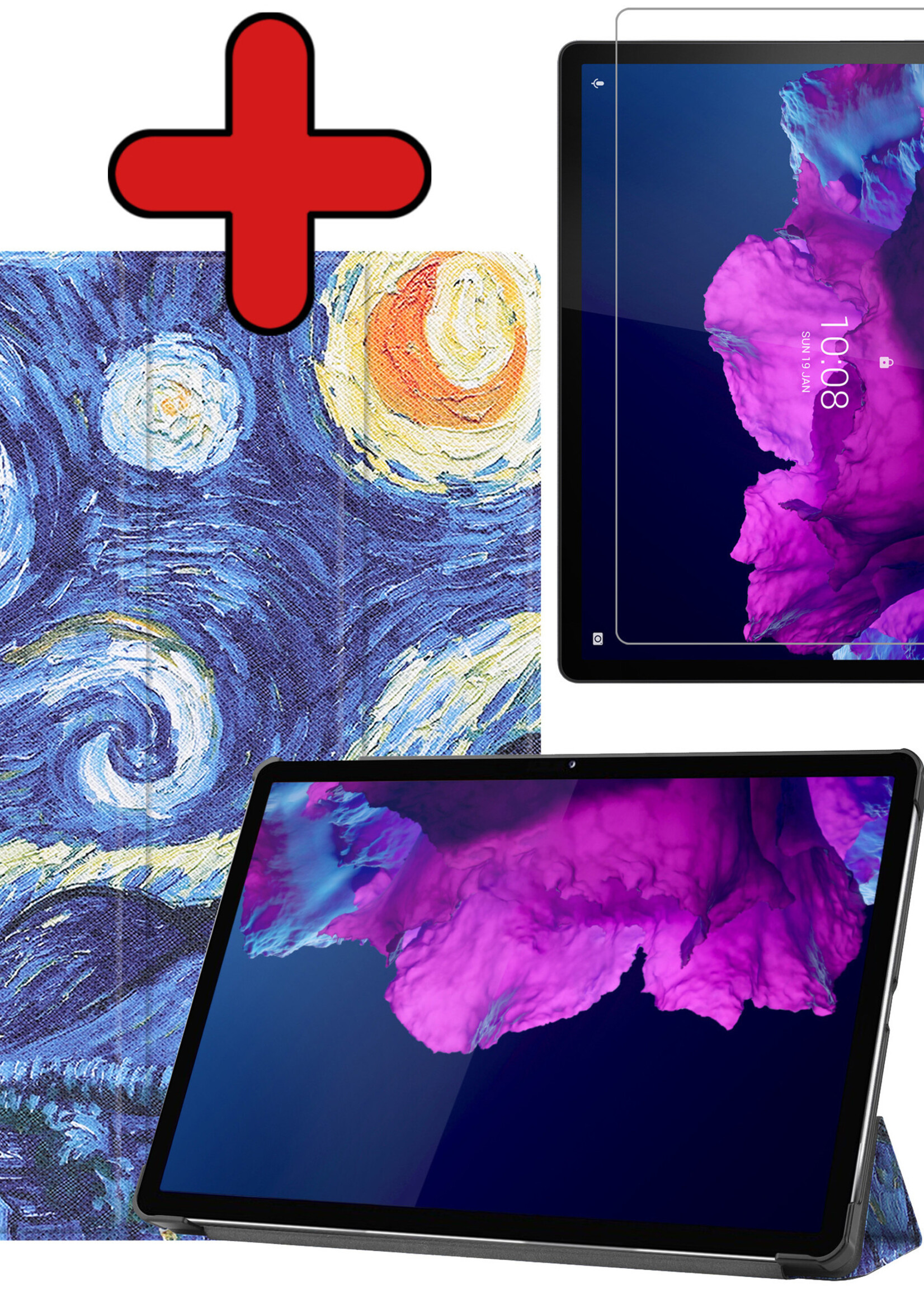 BTH Hoes Geschikt voor Lenovo Tab P11 Hoes Book Case Hoesje Trifold Cover Met Screenprotector - Hoesje Geschikt voor Lenovo Tab P11 Hoesje Bookcase - Sterrenhemel