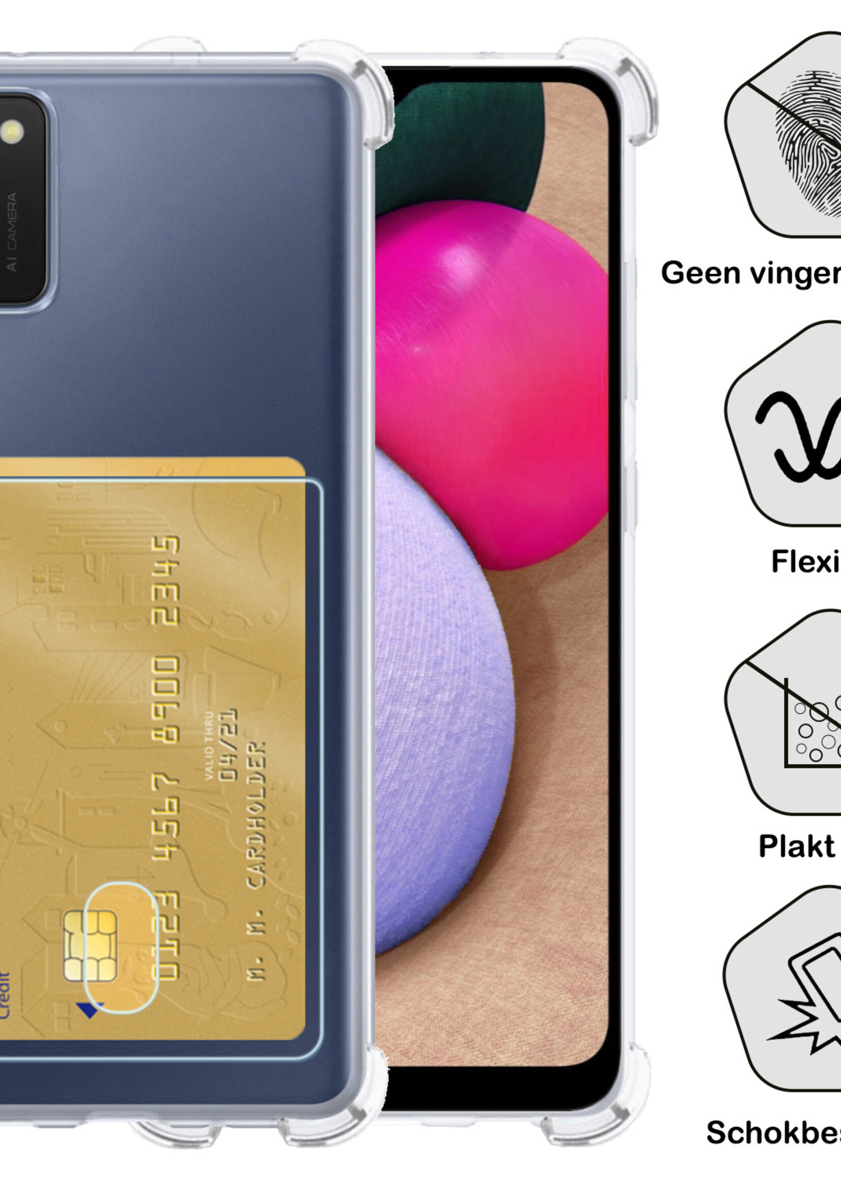 BTH Hoesje Geschikt voor Samsung A03s Hoesje Met Pasjeshouder Siliconen Case Met Kaarthouder Met 2x Screenprotector - Hoes Geschikt voor Samsung Galaxy A03s Hoesje Shock Proof Case - Transparant