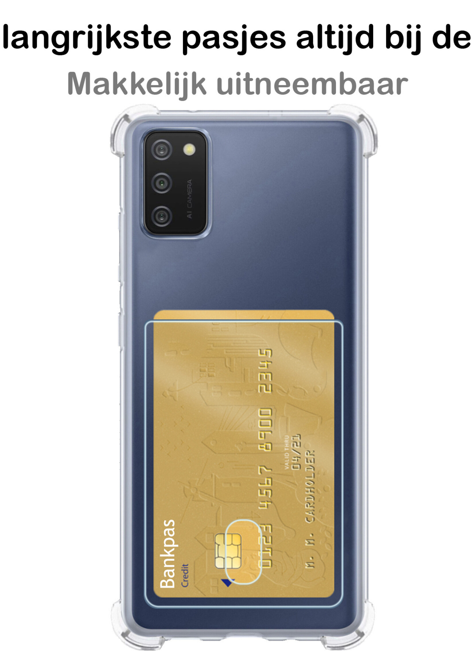 BTH Hoesje Geschikt voor Samsung A03s Hoesje Met Pasjeshouder Siliconen Case Met Kaarthouder Met 2x Screenprotector - Hoes Geschikt voor Samsung Galaxy A03s Hoesje Shock Proof Case - Transparant