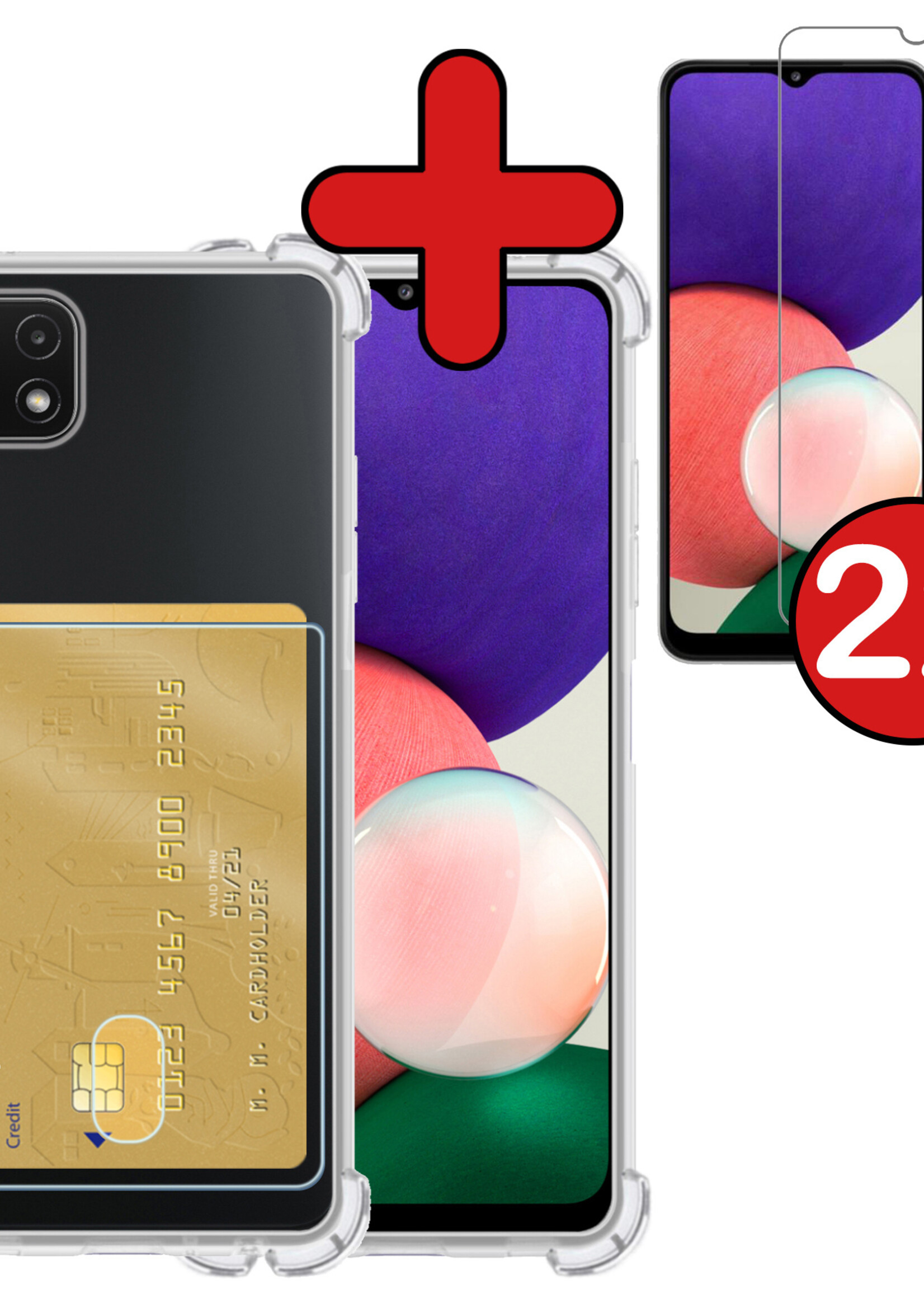 BTH Hoesje Geschikt voor Samsung A22 5G Hoesje Met Pasjeshouder Siliconen Case Met Kaarthouder Met 2x Screenprotector - Hoes Geschikt voor Samsung Galaxy A22 5G Hoesje Shock Proof Case - Transparant