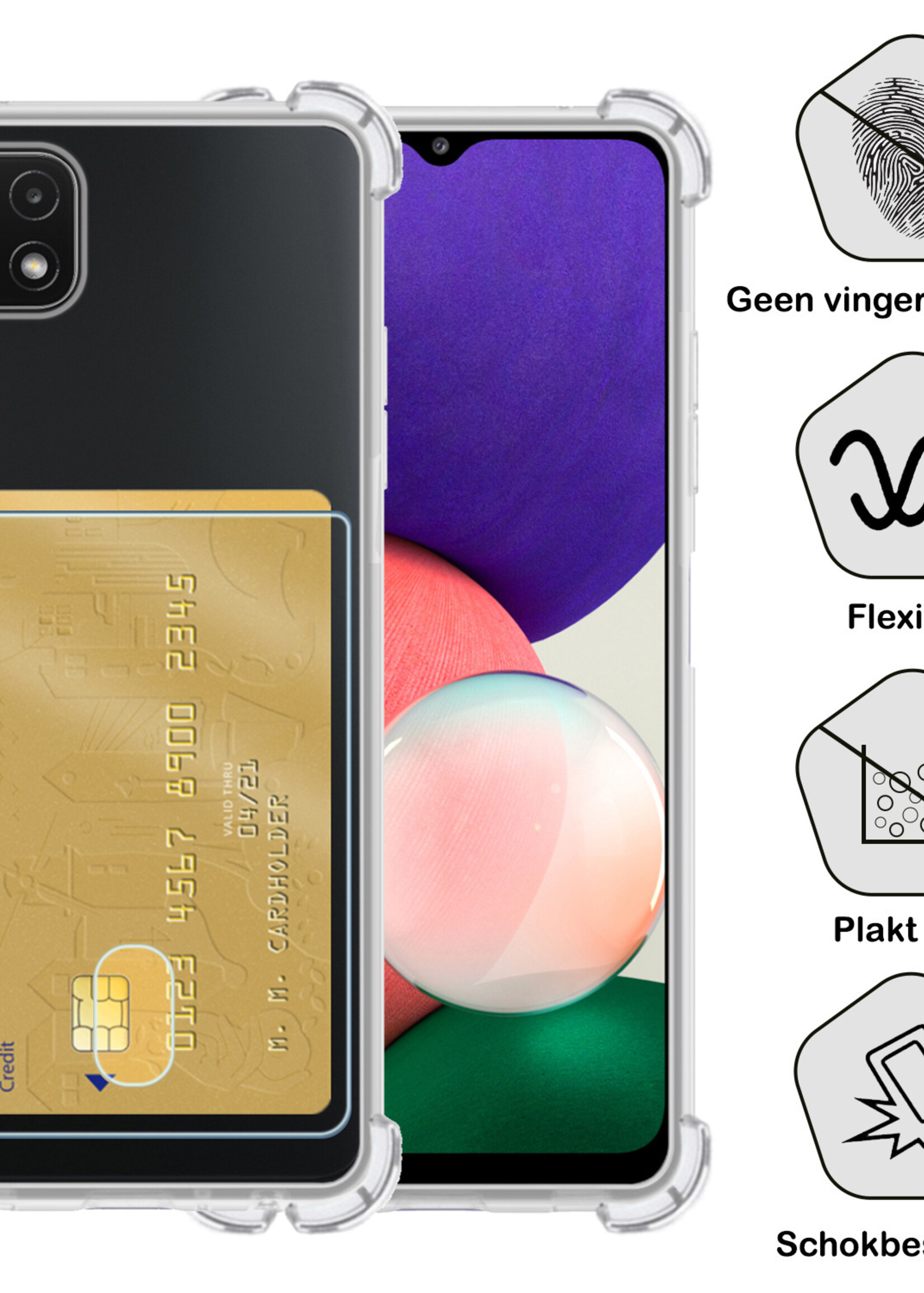 BTH Hoesje Geschikt voor Samsung A22 5G Hoesje Met Pasjeshouder Siliconen Case Met Kaarthouder Met 2x Screenprotector - Hoes Geschikt voor Samsung Galaxy A22 5G Hoesje Shock Proof Case - Transparant
