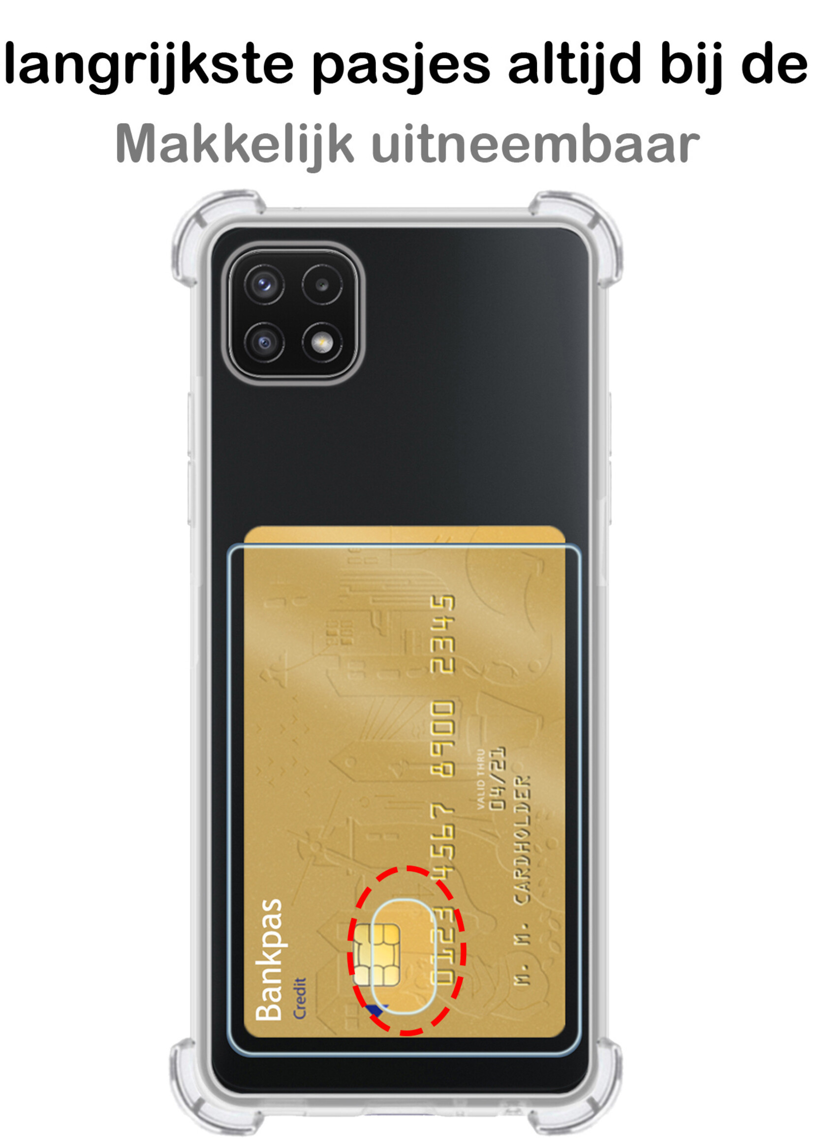 BTH Hoesje Geschikt voor Samsung A22 5G Hoesje Met Pasjeshouder Siliconen Case Met Kaarthouder Met 2x Screenprotector - Hoes Geschikt voor Samsung Galaxy A22 5G Hoesje Shock Proof Case - Transparant