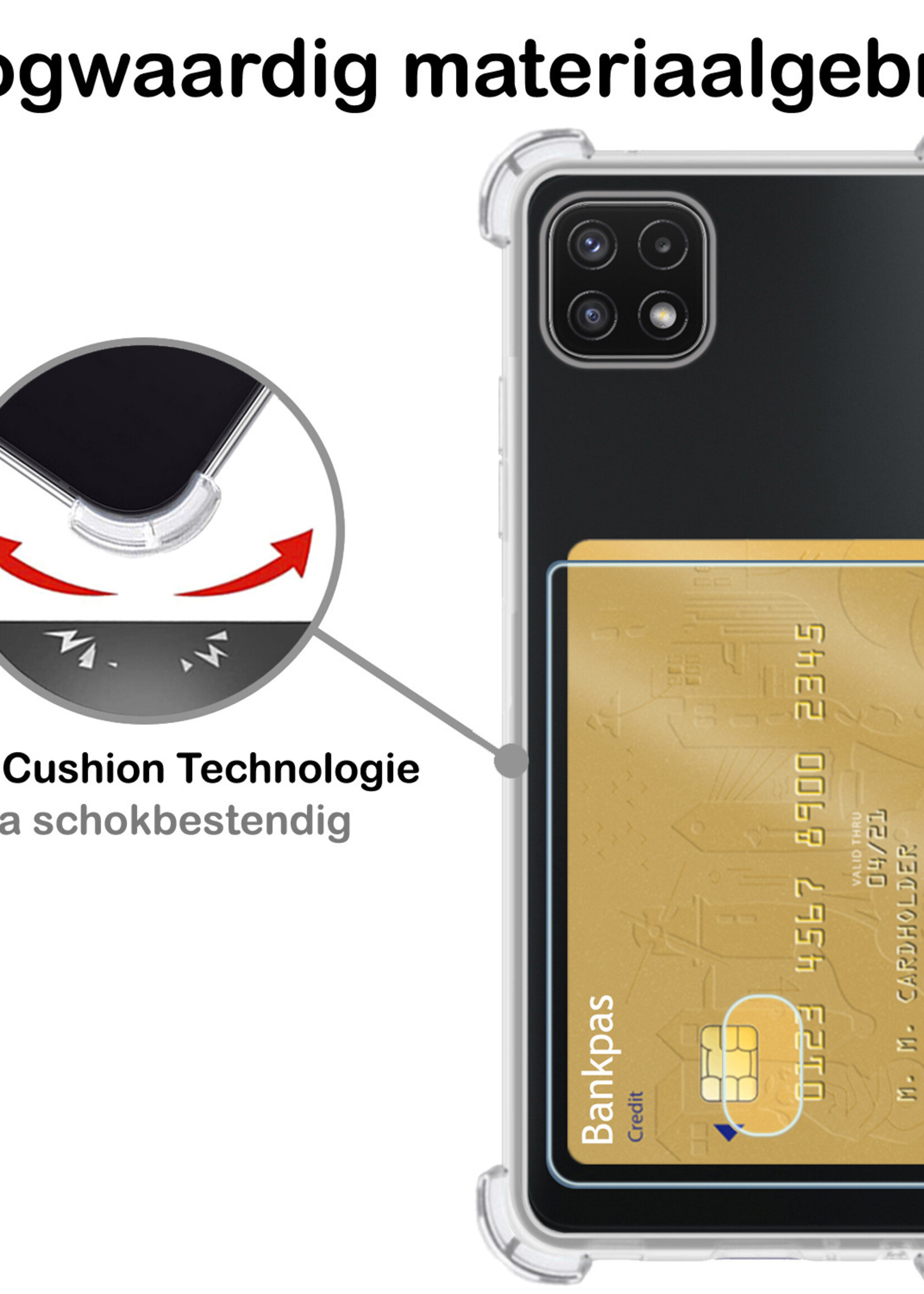 BTH Hoesje Geschikt voor Samsung A22 5G Hoesje Met Pasjeshouder Siliconen Case Met Kaarthouder Met 2x Screenprotector - Hoes Geschikt voor Samsung Galaxy A22 5G Hoesje Shock Proof Case - Transparant