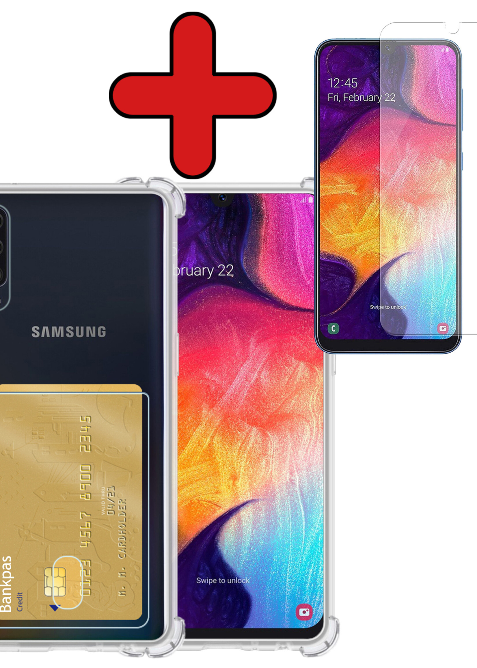 BTH Hoesje Geschikt voor Samsung A50/A50s Hoesje Met Pasjeshouder Siliconen Case Met Kaarthouder Met Screenprotector - Hoes Geschikt voor Samsung Galaxy A50/A50s Hoesje Shock Proof Case - Transparant