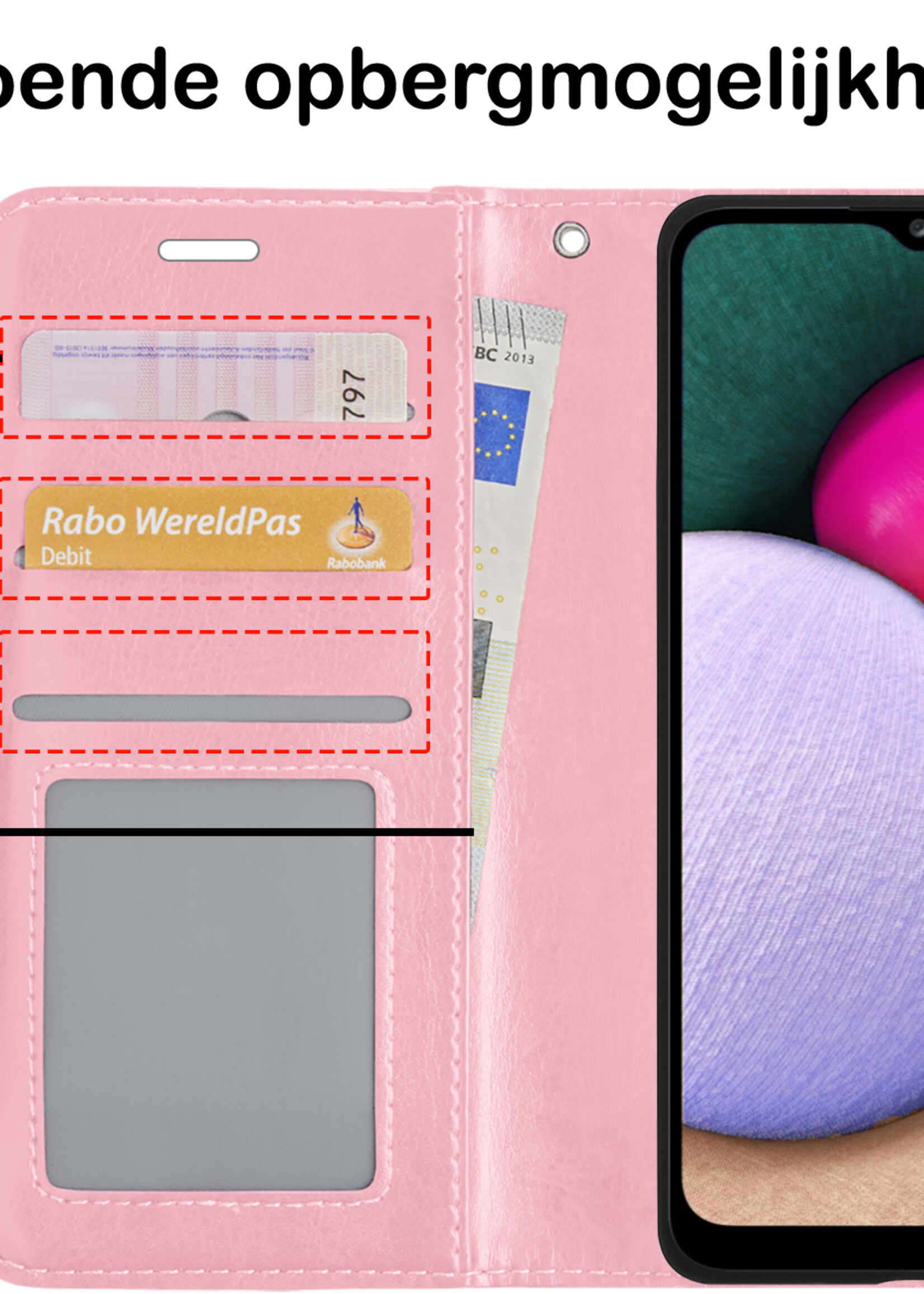 BTH Hoesje Geschikt voor Samsung A02s Hoesje Book Case Hoes Portemonnee Cover Walletcase Met Screenprotector - Hoes Geschikt voor Samsung Galaxy A02s Hoes Bookcase Hoesje - Lichtroze