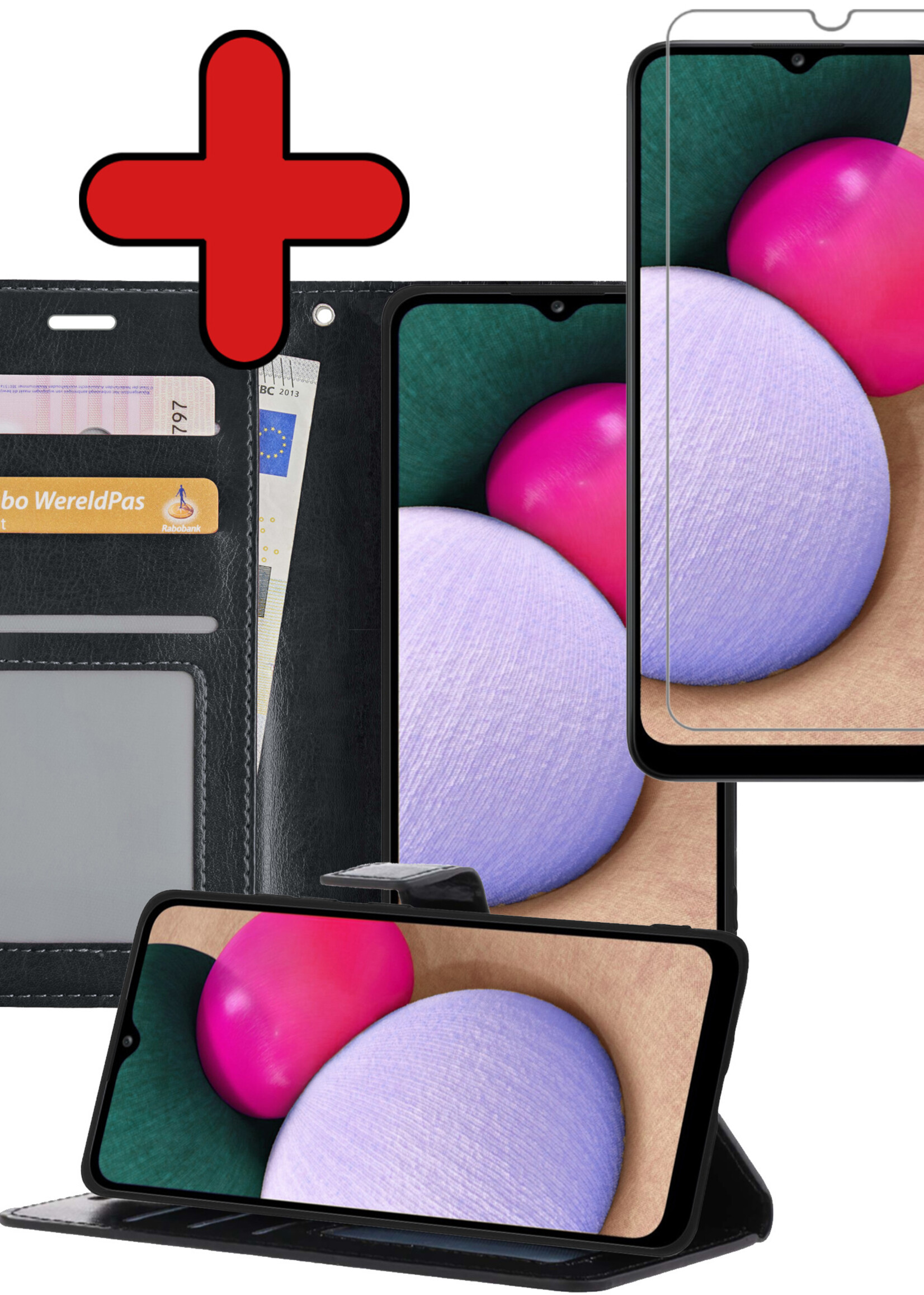 BTH Hoesje Geschikt voor Samsung A02s Hoesje Book Case Hoes Portemonnee Cover Walletcase Met Screenprotector - Hoes Geschikt voor Samsung Galaxy A02s Hoes Bookcase Hoesje - Zwart