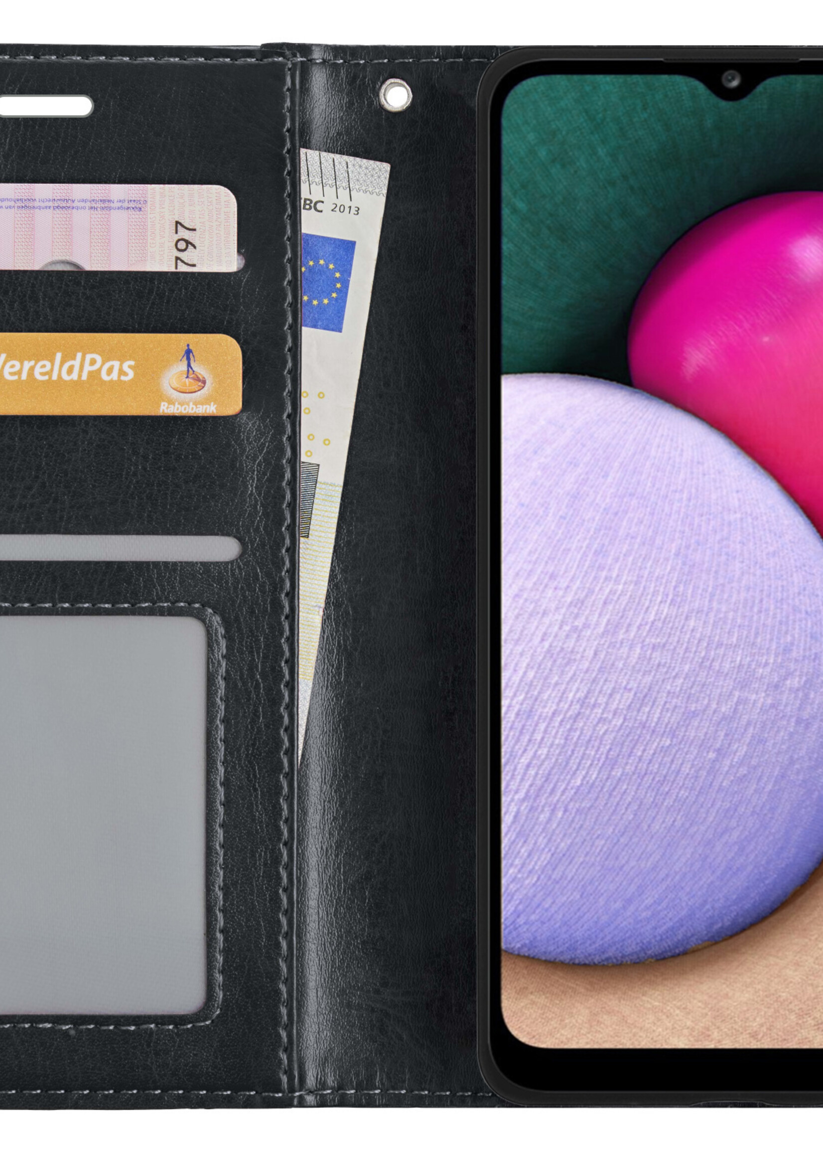 BTH Hoesje Geschikt voor Samsung A02s Hoesje Book Case Hoes Portemonnee Cover Walletcase Met Screenprotector - Hoes Geschikt voor Samsung Galaxy A02s Hoes Bookcase Hoesje - Zwart