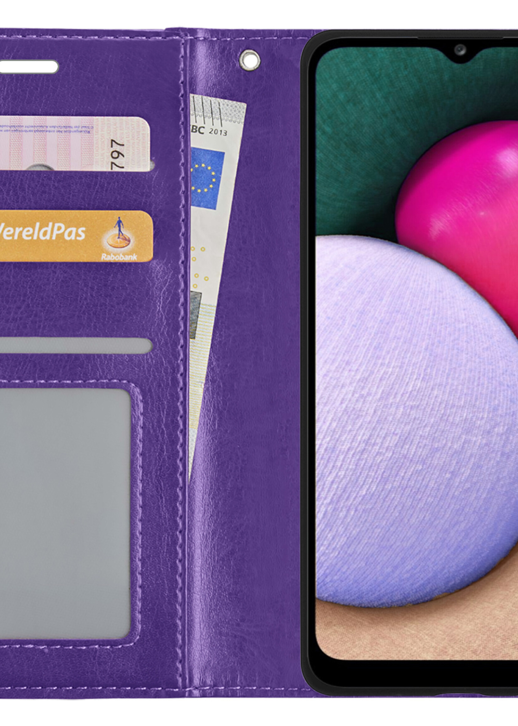 BTH Hoesje Geschikt voor Samsung A02s Hoesje Book Case Hoes Portemonnee Cover Walletcase Met 2x Screenprotector - Hoes Geschikt voor Samsung Galaxy A02s Hoes Bookcase Hoesje - Paars