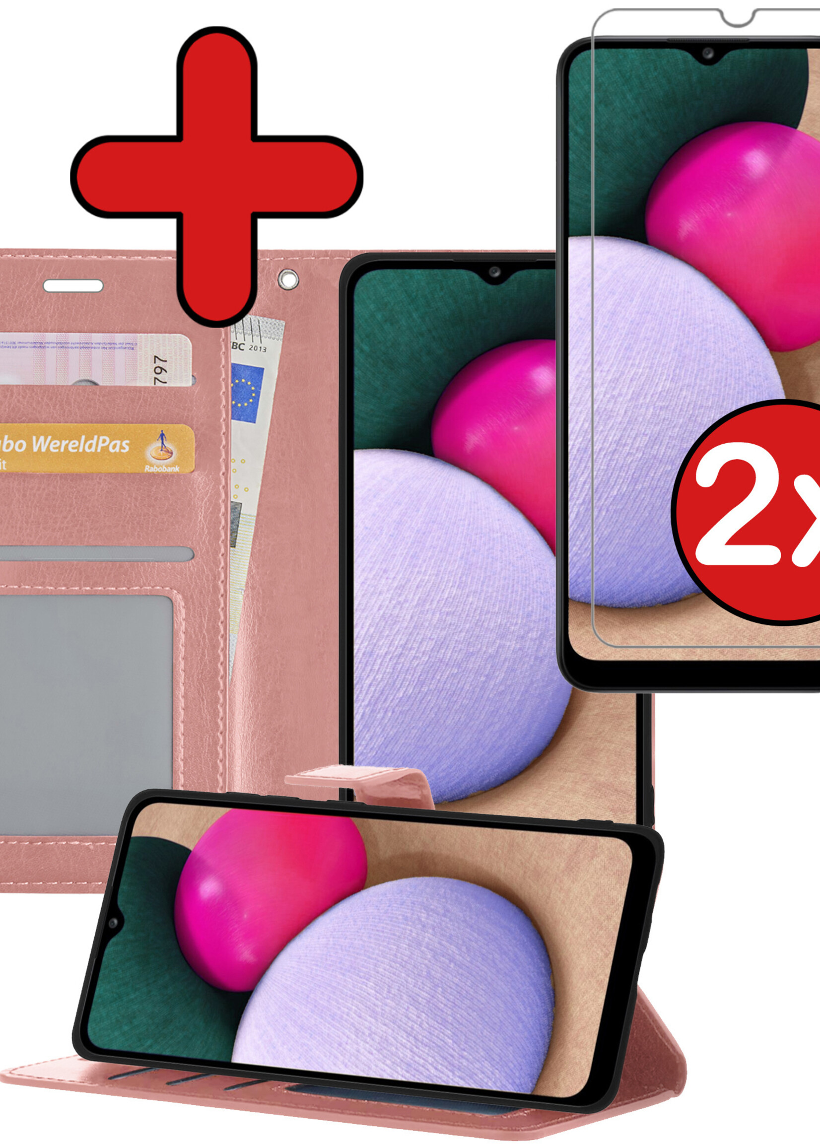 BTH Hoesje Geschikt voor Samsung A02s Hoesje Book Case Hoes Portemonnee Cover Walletcase Met 2x Screenprotector - Hoes Geschikt voor Samsung Galaxy A02s Hoes Bookcase Hoesje - Rosé goud