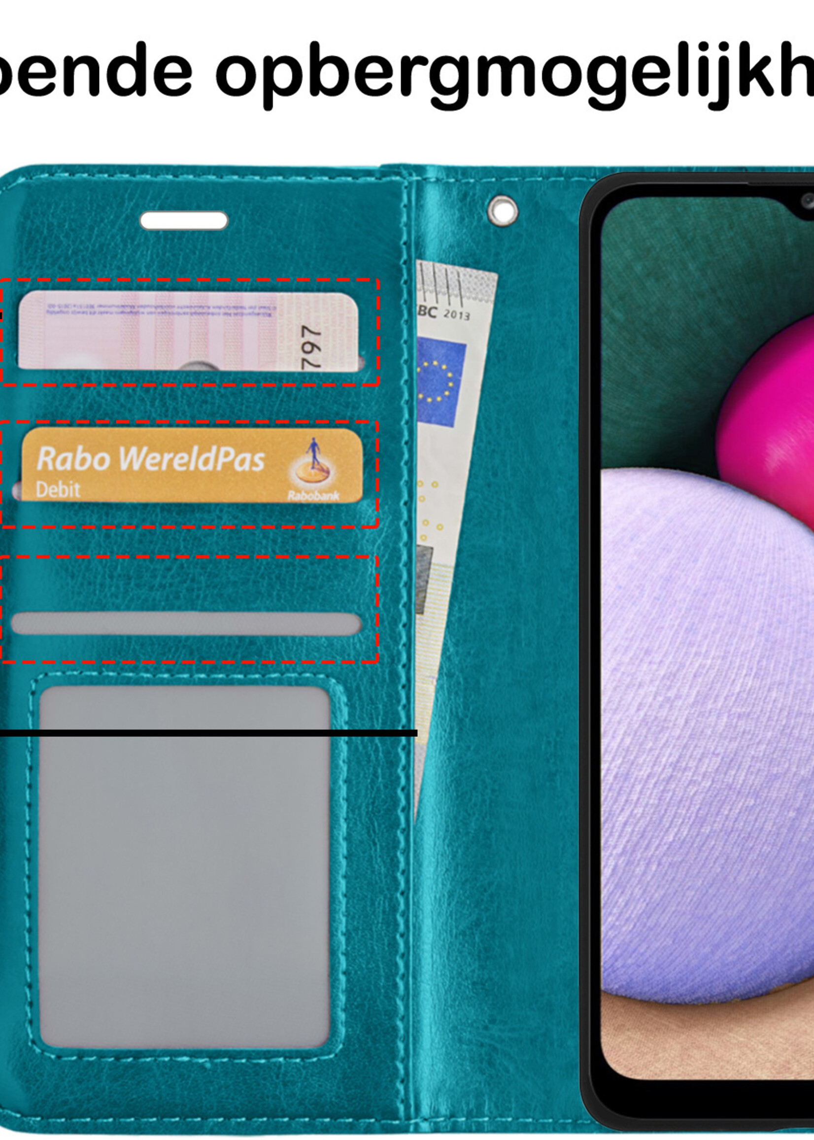BTH Hoesje Geschikt voor Samsung A02s Hoesje Book Case Hoes Portemonnee Cover Walletcase Met 2x Screenprotector - Hoes Geschikt voor Samsung Galaxy A02s Hoes Bookcase Hoesje - Turquoise