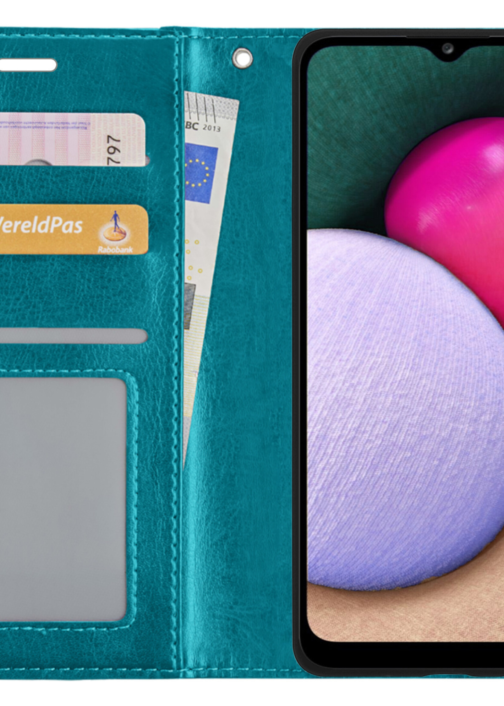 BTH Hoesje Geschikt voor Samsung A02s Hoesje Book Case Hoes Portemonnee Cover Walletcase Met 2x Screenprotector - Hoes Geschikt voor Samsung Galaxy A02s Hoes Bookcase Hoesje - Turquoise