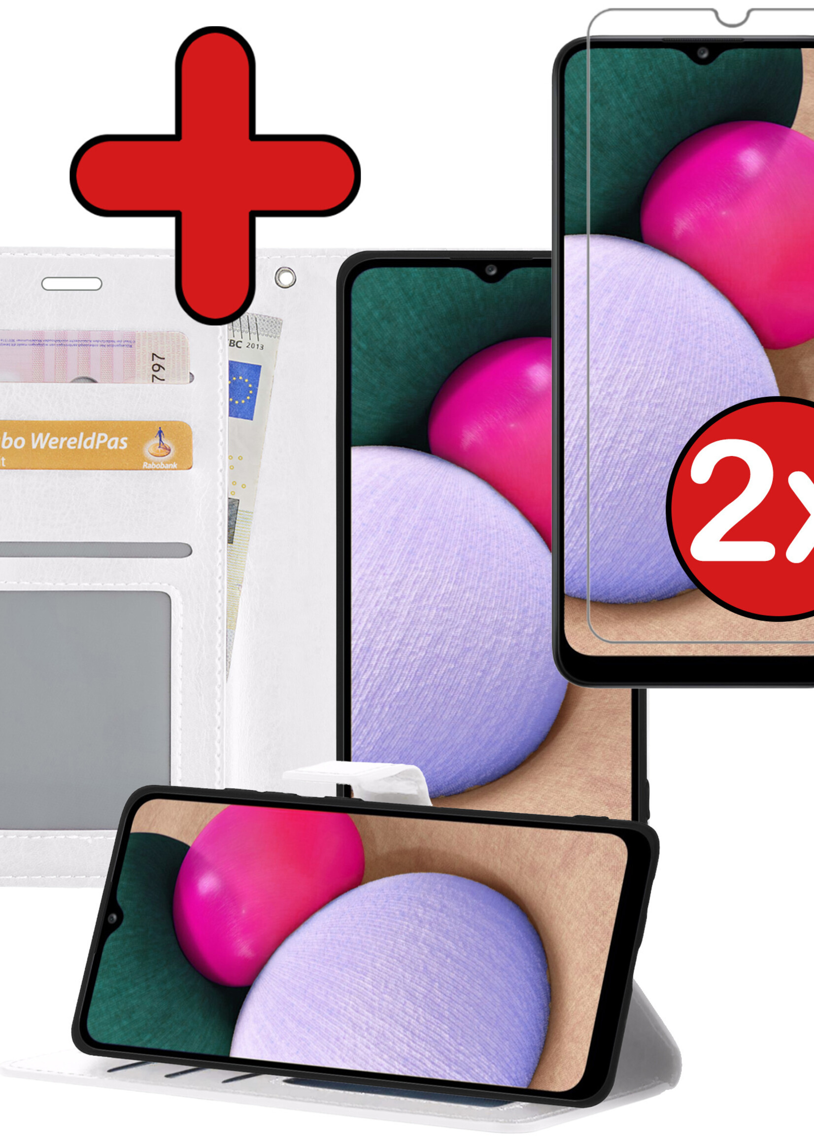 BTH Hoesje Geschikt voor Samsung A02s Hoesje Book Case Hoes Portemonnee Cover Walletcase Met 2x Screenprotector - Hoes Geschikt voor Samsung Galaxy A02s Hoes Bookcase Hoesje - Wit