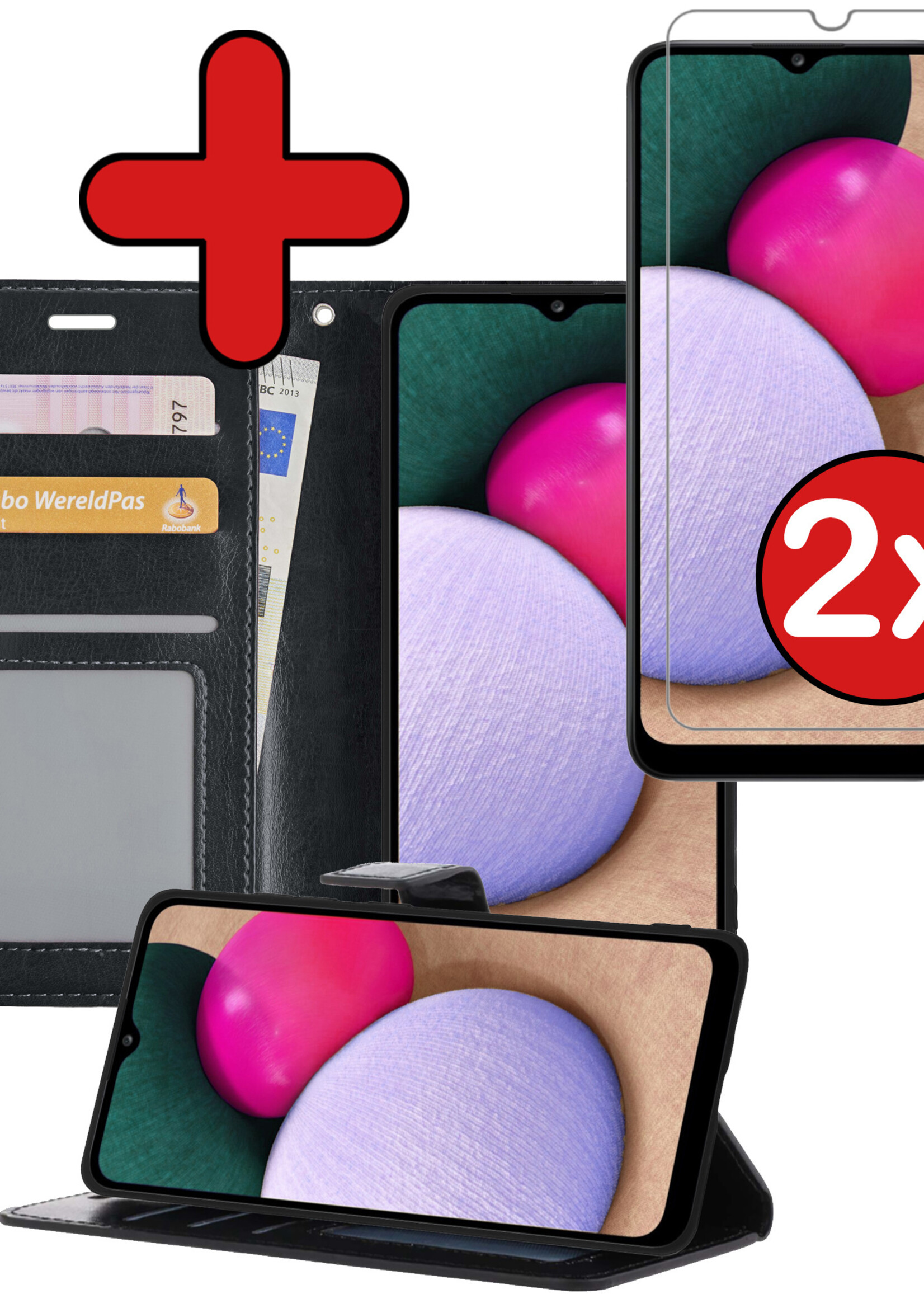 BTH Hoesje Geschikt voor Samsung A02s Hoesje Book Case Hoes Portemonnee Cover Walletcase Met 2x Screenprotector - Hoes Geschikt voor Samsung Galaxy A02s Hoes Bookcase Hoesje - Zwart