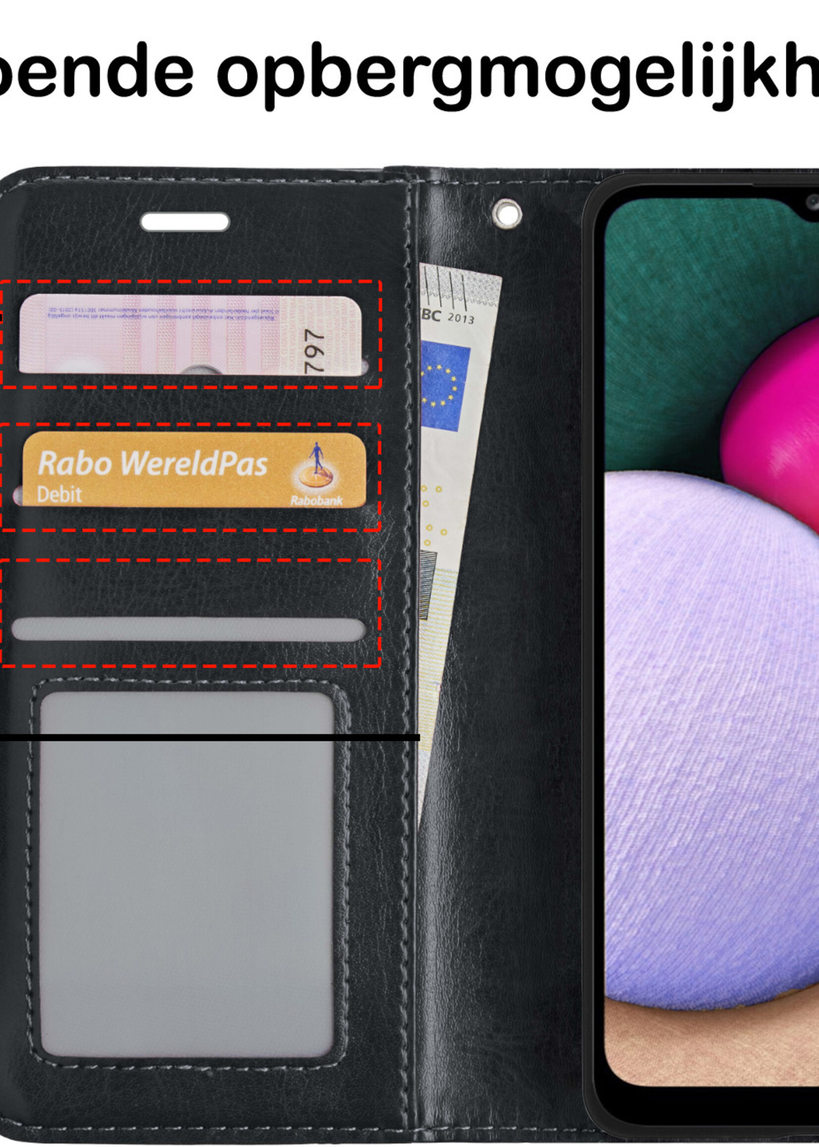 BTH Hoesje Geschikt voor Samsung A02s Hoesje Book Case Hoes Portemonnee Cover Walletcase Met 2x Screenprotector - Hoes Geschikt voor Samsung Galaxy A02s Hoes Bookcase Hoesje - Zwart