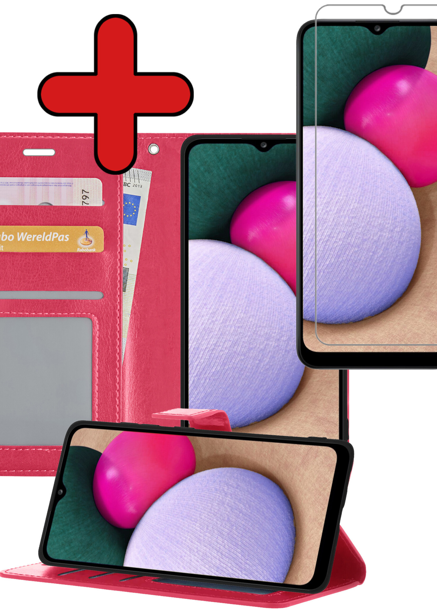 BTH Hoesje Geschikt voor Samsung A03s Hoesje Book Case Hoes Portemonnee Cover Walletcase Met Screenprotector - Hoes Geschikt voor Samsung Galaxy A03s Hoes Bookcase Hoesje - Donkerroze