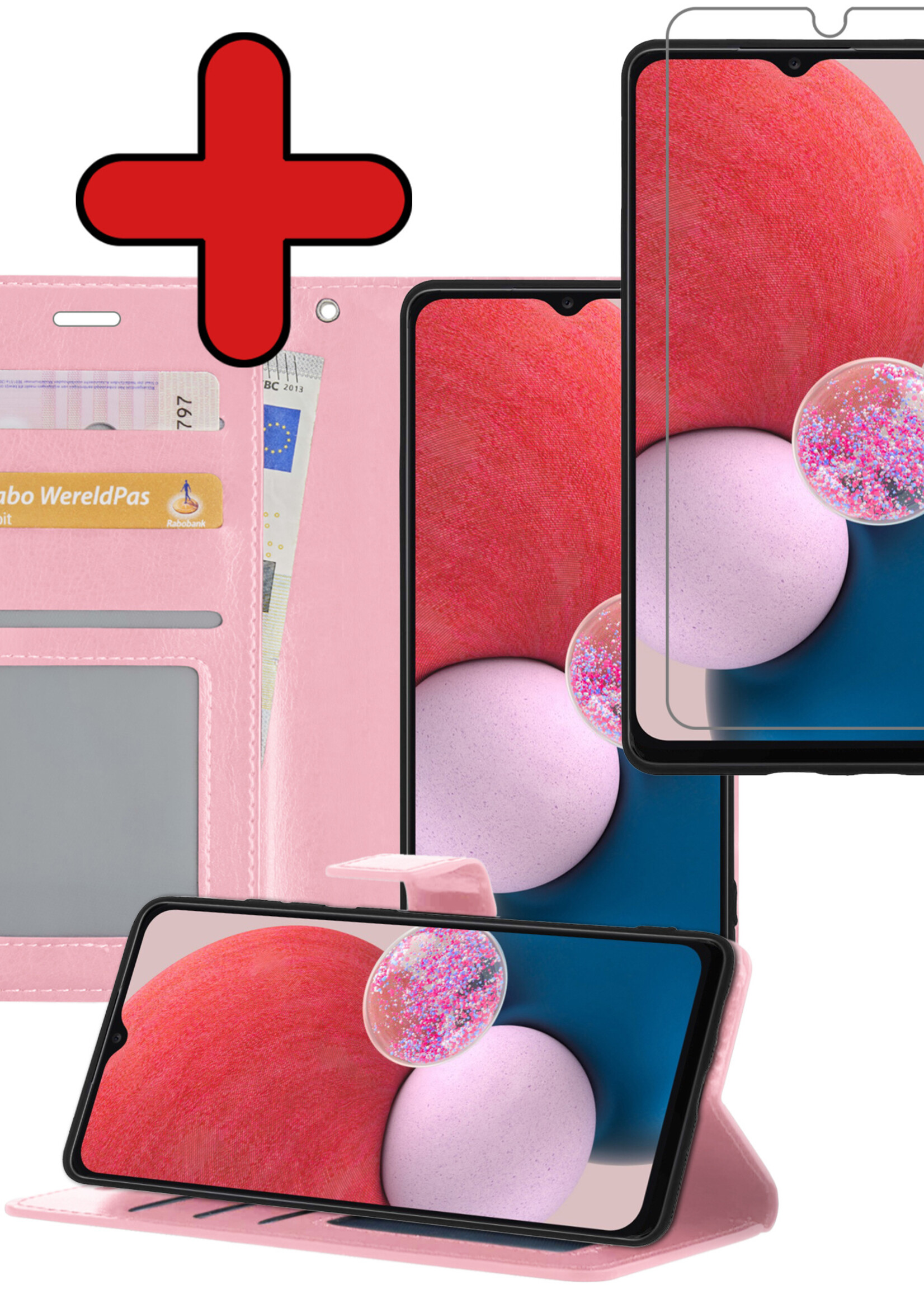 BTH Hoesje Geschikt voor Samsung A13 4G Hoesje Book Case Hoes Portemonnee Cover Walletcase Met Screenprotector - Hoes Geschikt voor Samsung Galaxy A13 4G Hoes Bookcase Hoesje - Lichtroze