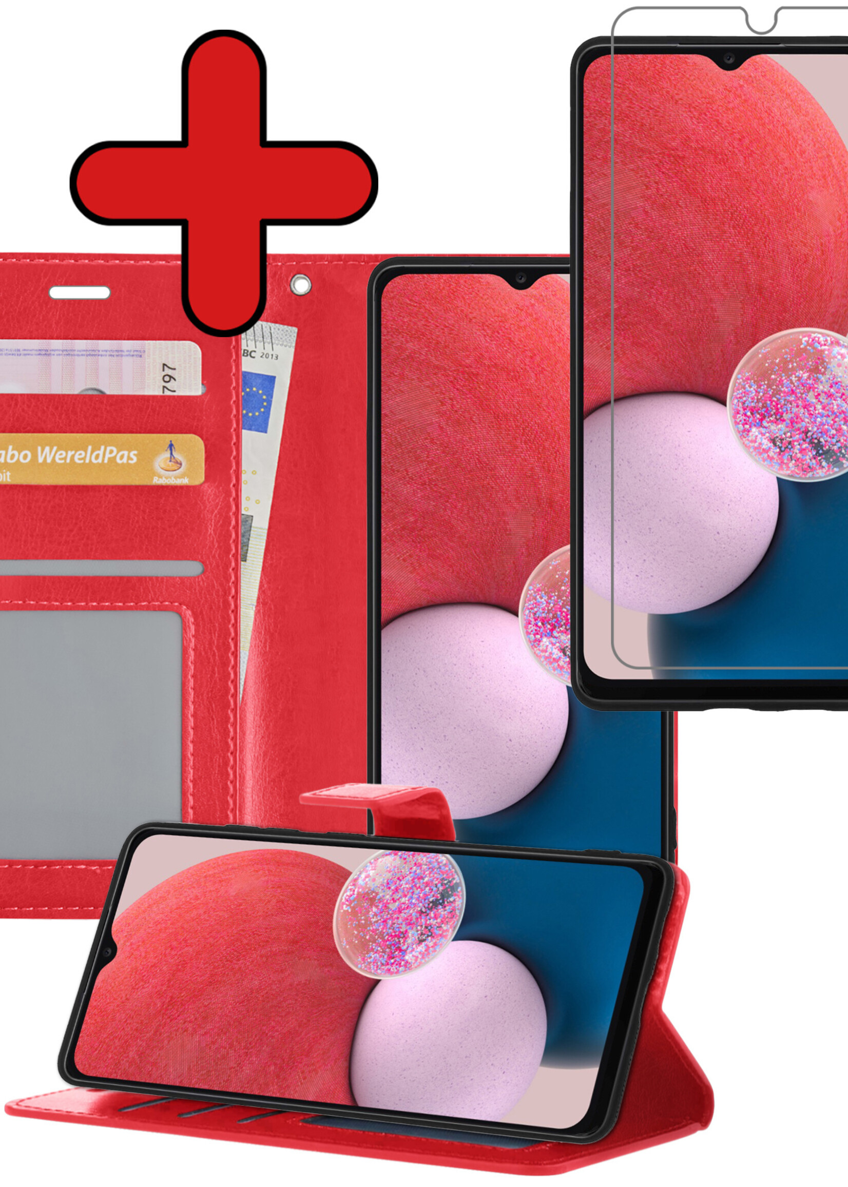 BTH Hoesje Geschikt voor Samsung A13 4G Hoesje Book Case Hoes Portemonnee Cover Walletcase Met Screenprotector - Hoes Geschikt voor Samsung Galaxy A13 4G Hoes Bookcase Hoesje - Rood
