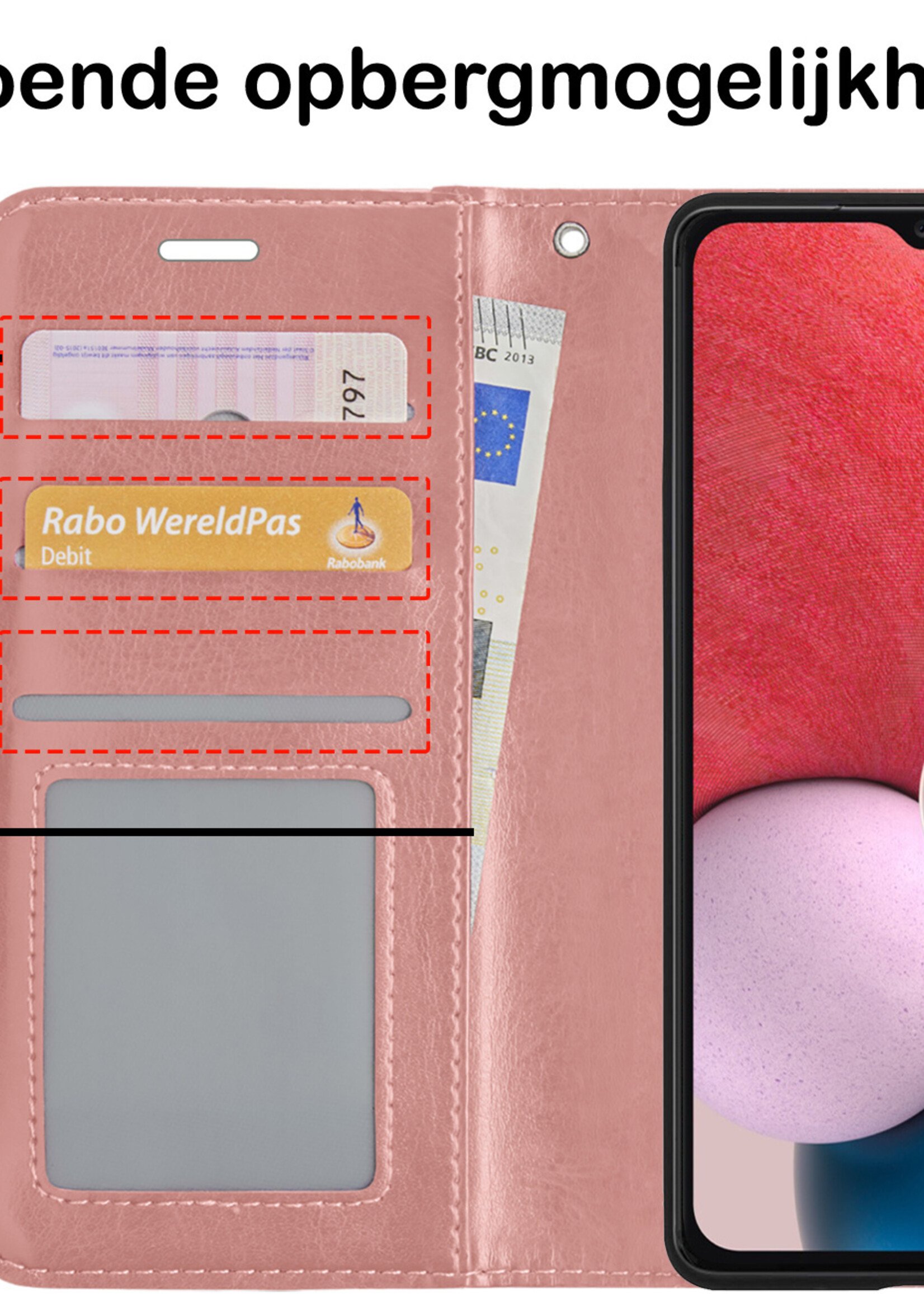 BTH Hoesje Geschikt voor Samsung A13 4G Hoesje Book Case Hoes Portemonnee Cover Walletcase Met Screenprotector - Hoes Geschikt voor Samsung Galaxy A13 4G Hoes Bookcase Hoesje - Rosé goud