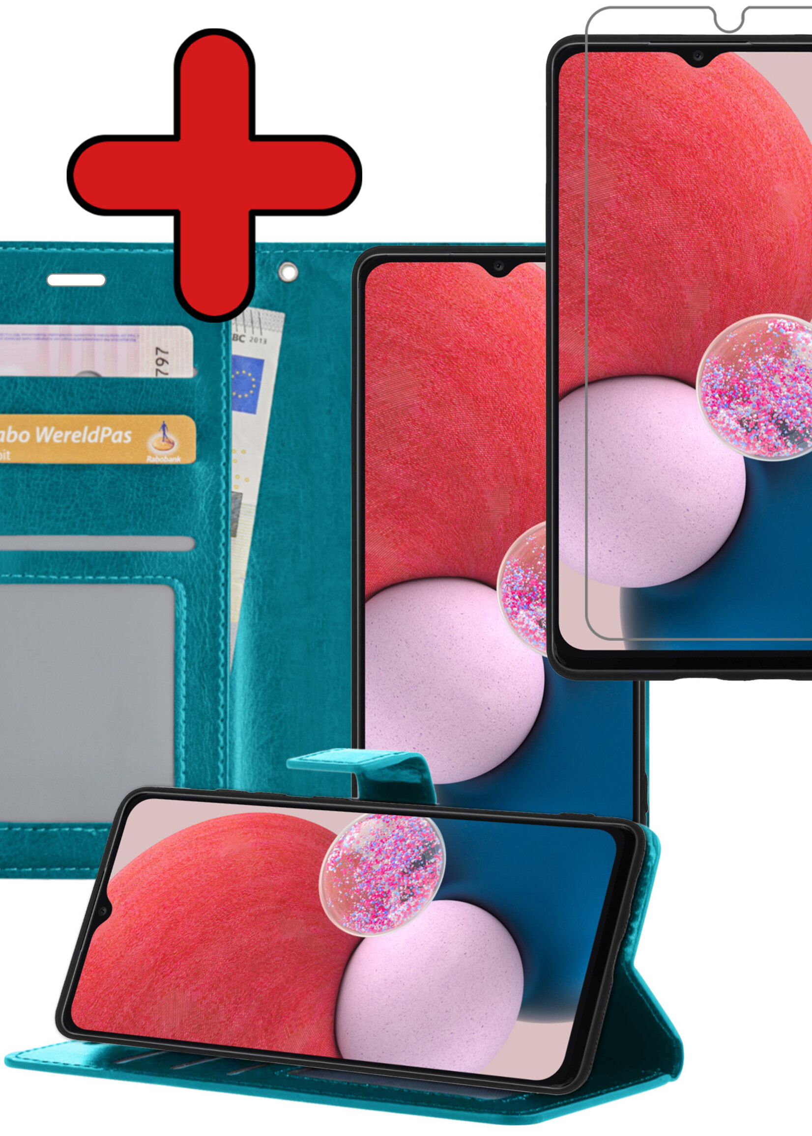 BTH Hoesje Geschikt voor Samsung A13 4G Hoesje Book Case Hoes Portemonnee Cover Walletcase Met Screenprotector - Hoes Geschikt voor Samsung Galaxy A13 4G Hoes Bookcase Hoesje - Turquoise