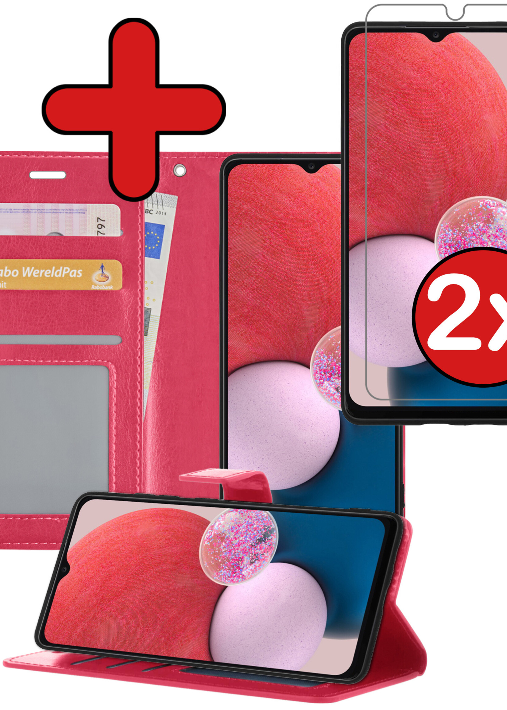BTH Hoesje Geschikt voor Samsung A13 4G Hoesje Book Case Hoes Portemonnee Cover Walletcase Met 2x Screenprotector - Hoes Geschikt voor Samsung Galaxy A13 4G Hoes Bookcase Hoesje - Donkerroze