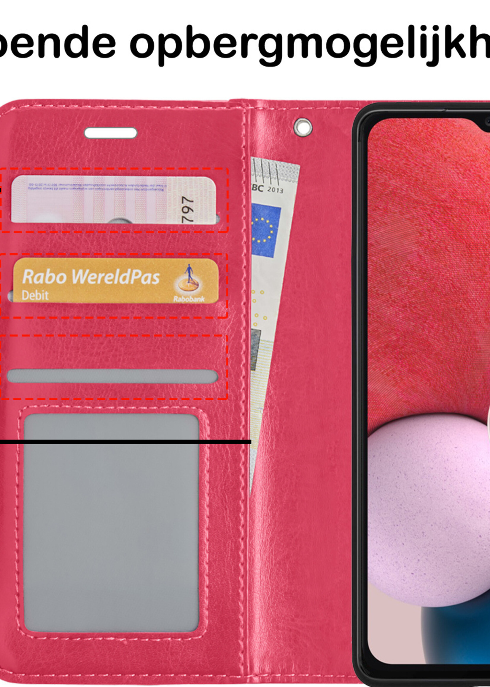 BTH Hoesje Geschikt voor Samsung A13 4G Hoesje Book Case Hoes Portemonnee Cover Walletcase Met 2x Screenprotector - Hoes Geschikt voor Samsung Galaxy A13 4G Hoes Bookcase Hoesje - Donkerroze