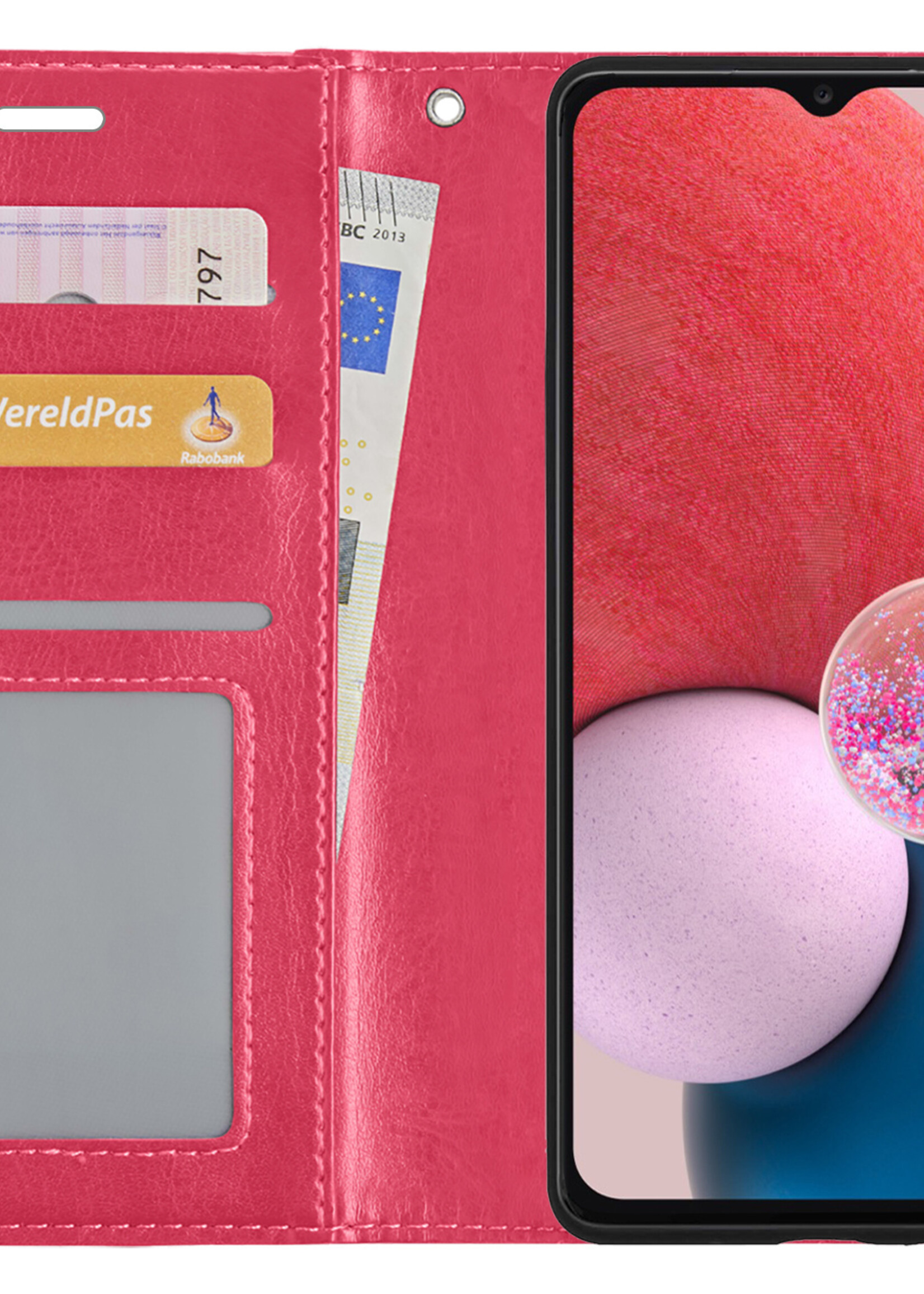 BTH Hoesje Geschikt voor Samsung A13 4G Hoesje Book Case Hoes Portemonnee Cover Walletcase Met 2x Screenprotector - Hoes Geschikt voor Samsung Galaxy A13 4G Hoes Bookcase Hoesje - Donkerroze