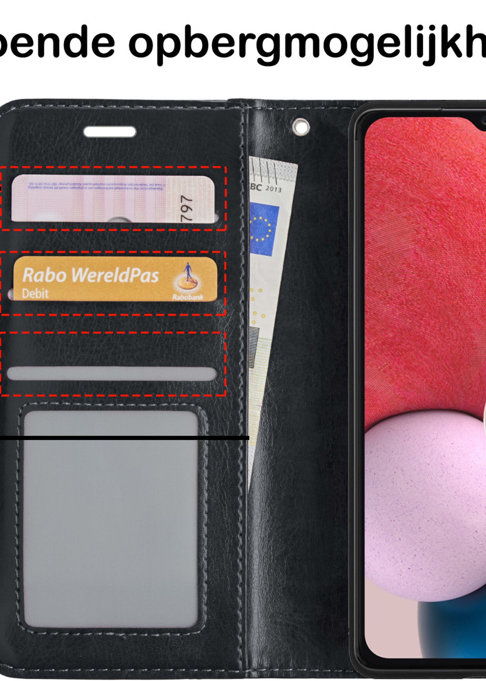 BTH Hoesje Geschikt voor Samsung A13 4G Hoesje Book Case Hoes Portemonnee Cover Walletcase Met 2x Screenprotector - Hoes Geschikt voor Samsung Galaxy A13 4G Hoes Bookcase Hoesje - Zwart
